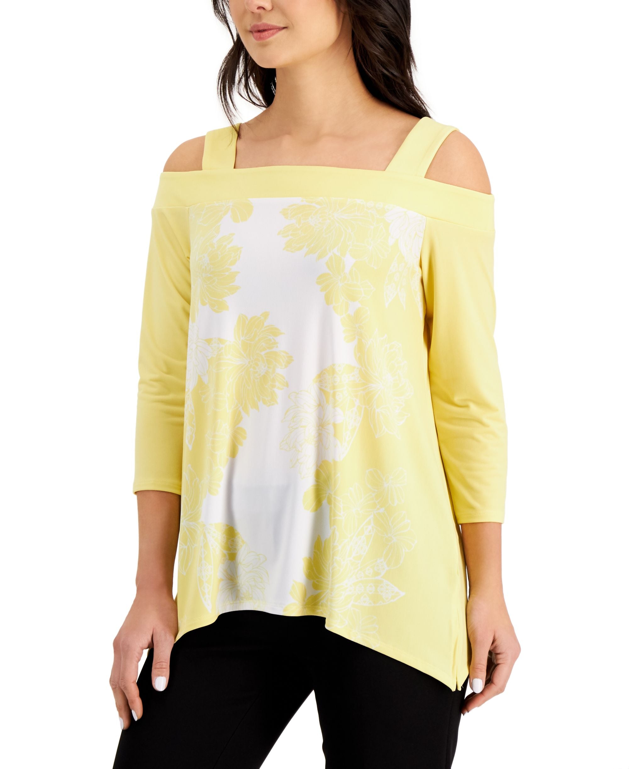 JM Collection Floral Print Cold Shoulder Premium Top