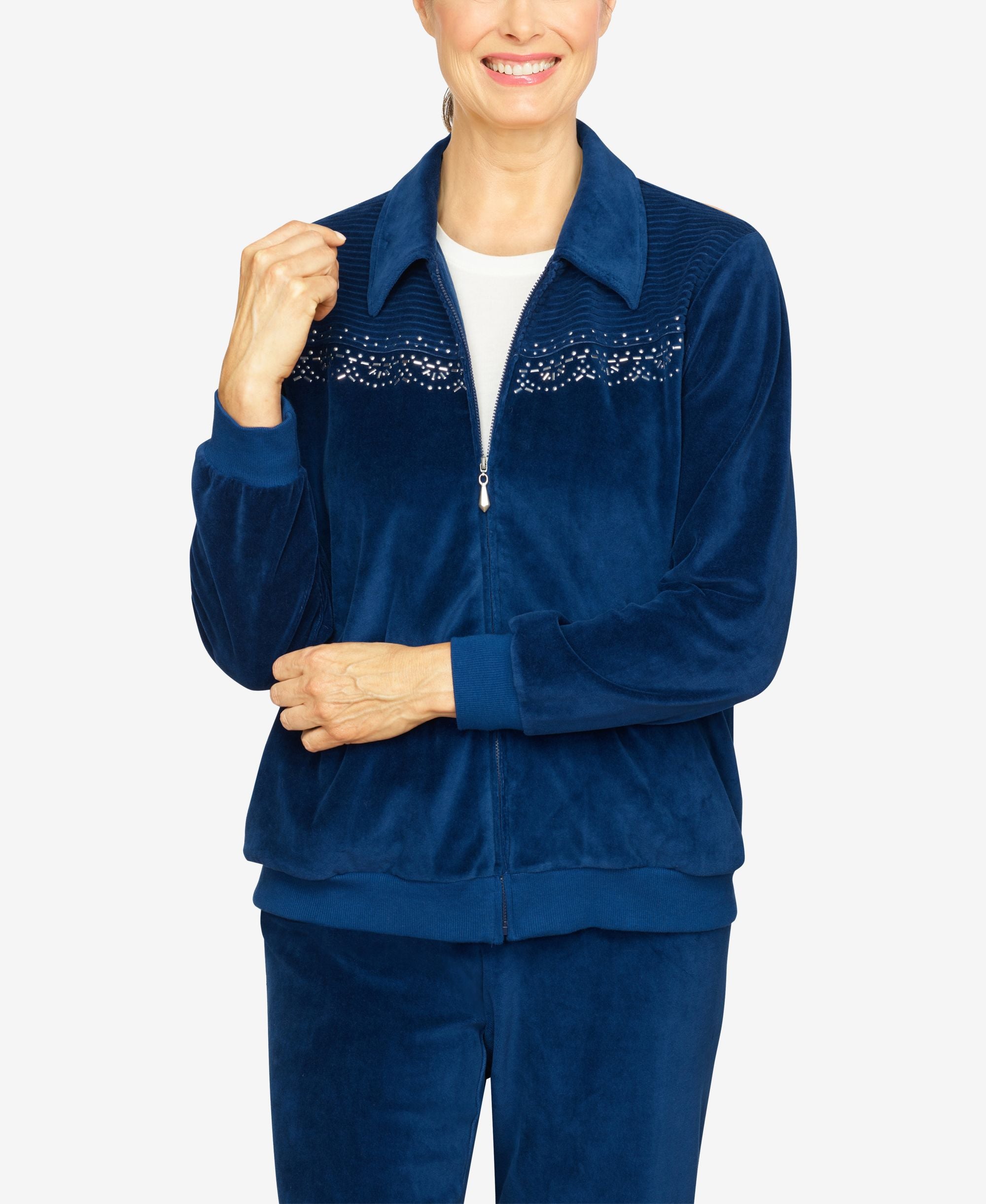 Womens Missy Precious Jewels Comfort Velour Embellished Spliced Jacket