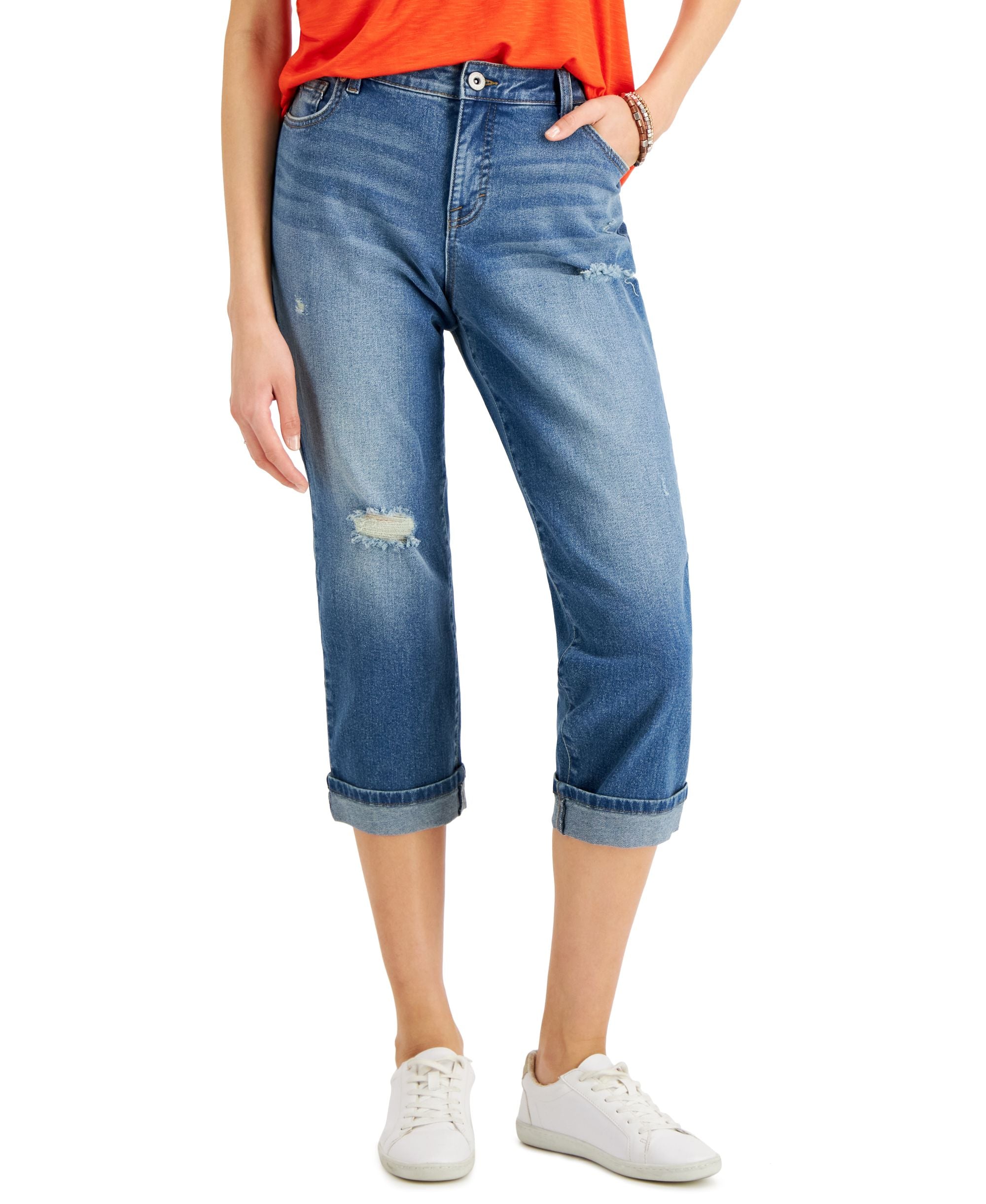 Style & Co Petite Mid Rise Curvy Roll Cuff Capri-Length Premium Jeans