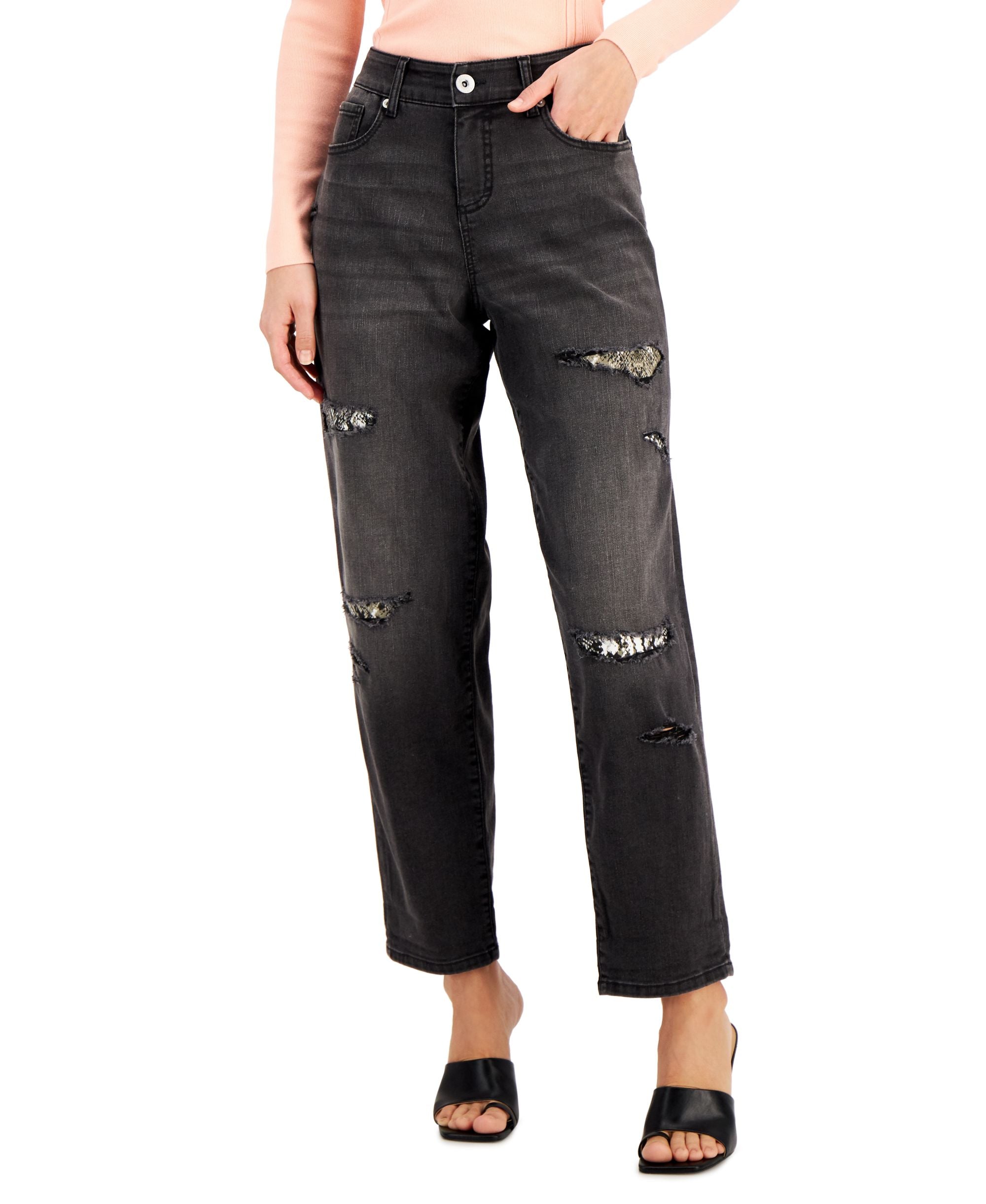 INC International Concepts Womens High Rise Ripped Leopard Boyfriend Premium Jeans