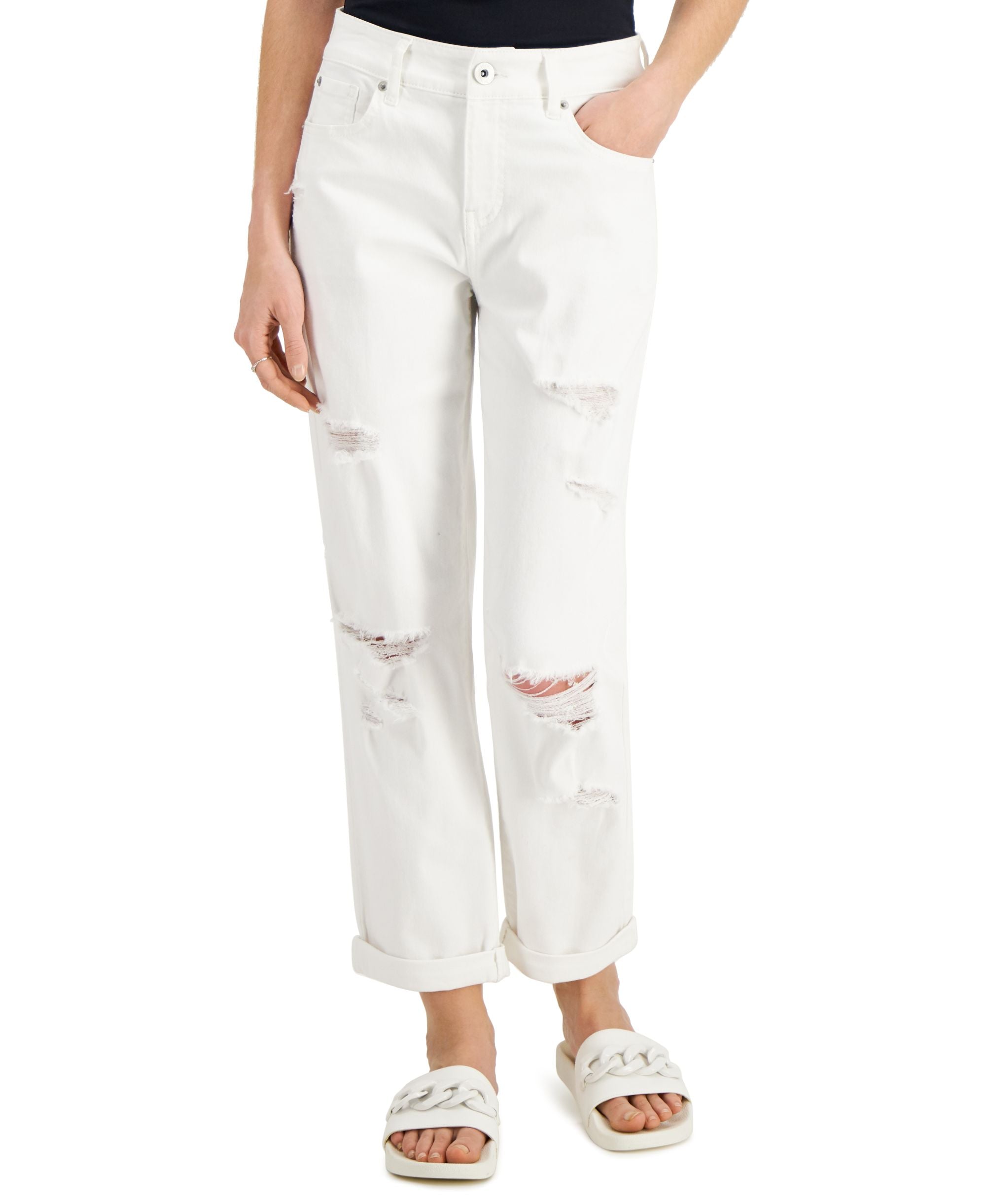 INC International Concepts Womens Mid Rise Ripped Boyfriend Premium Jeans