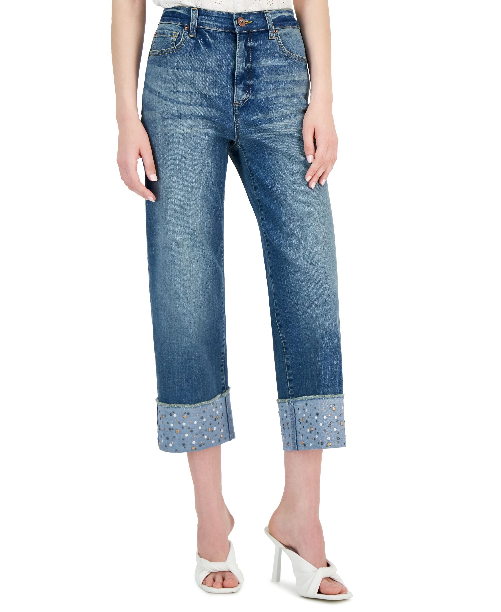 INC International Concepts Womens High Rise Embellished Crop Wide-Leg Premium Jeans