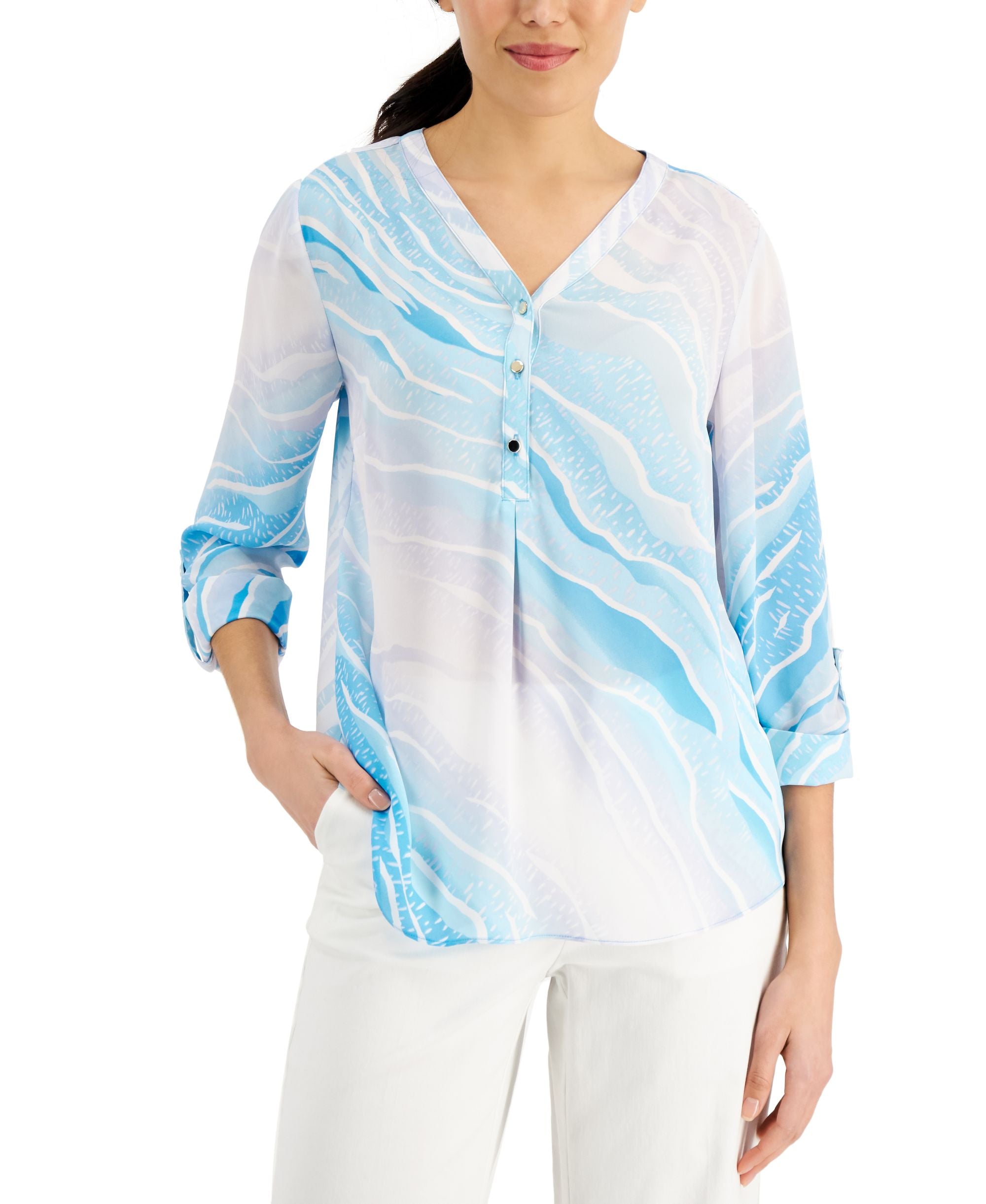 JM Collection Petite Printed Roll Tab Sleeve Premium Top