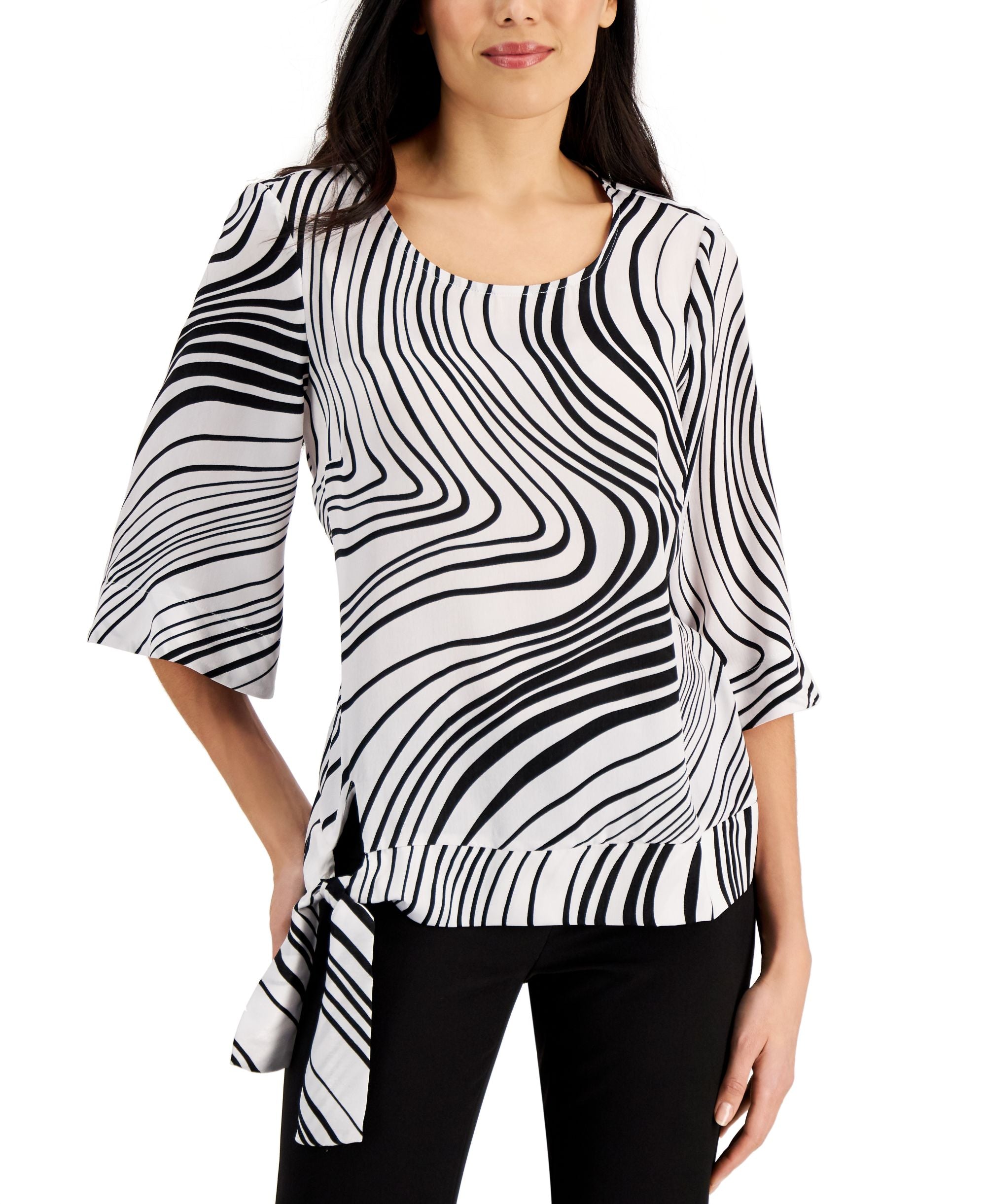 JM Collection Swirl Print Tie Hem Flare Sleeve Premium Top