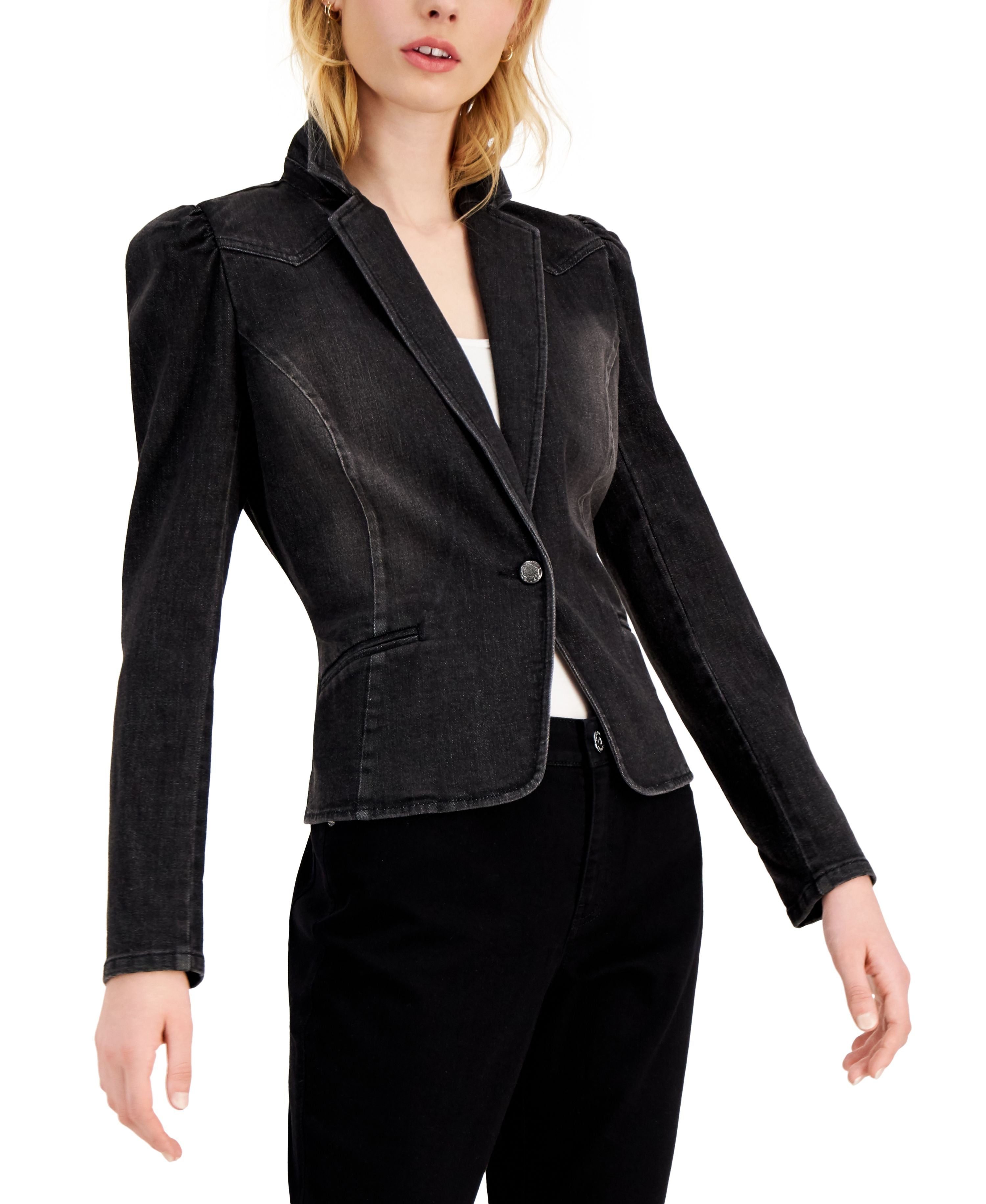 Petite Puff-Sleeve Denim Blazer