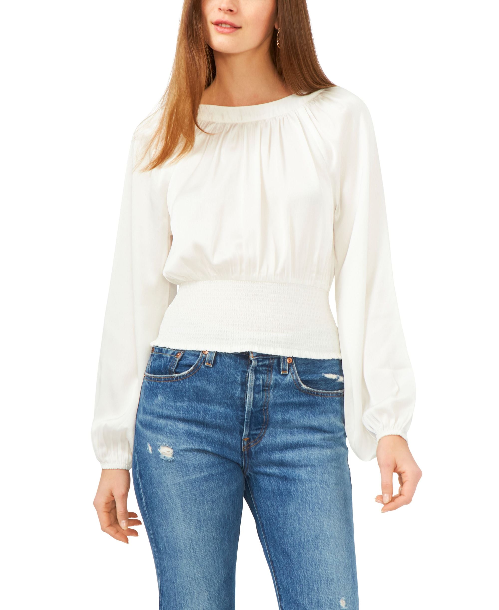 1.State Long-Sleeve Raglan Smocked Waist Premium Top