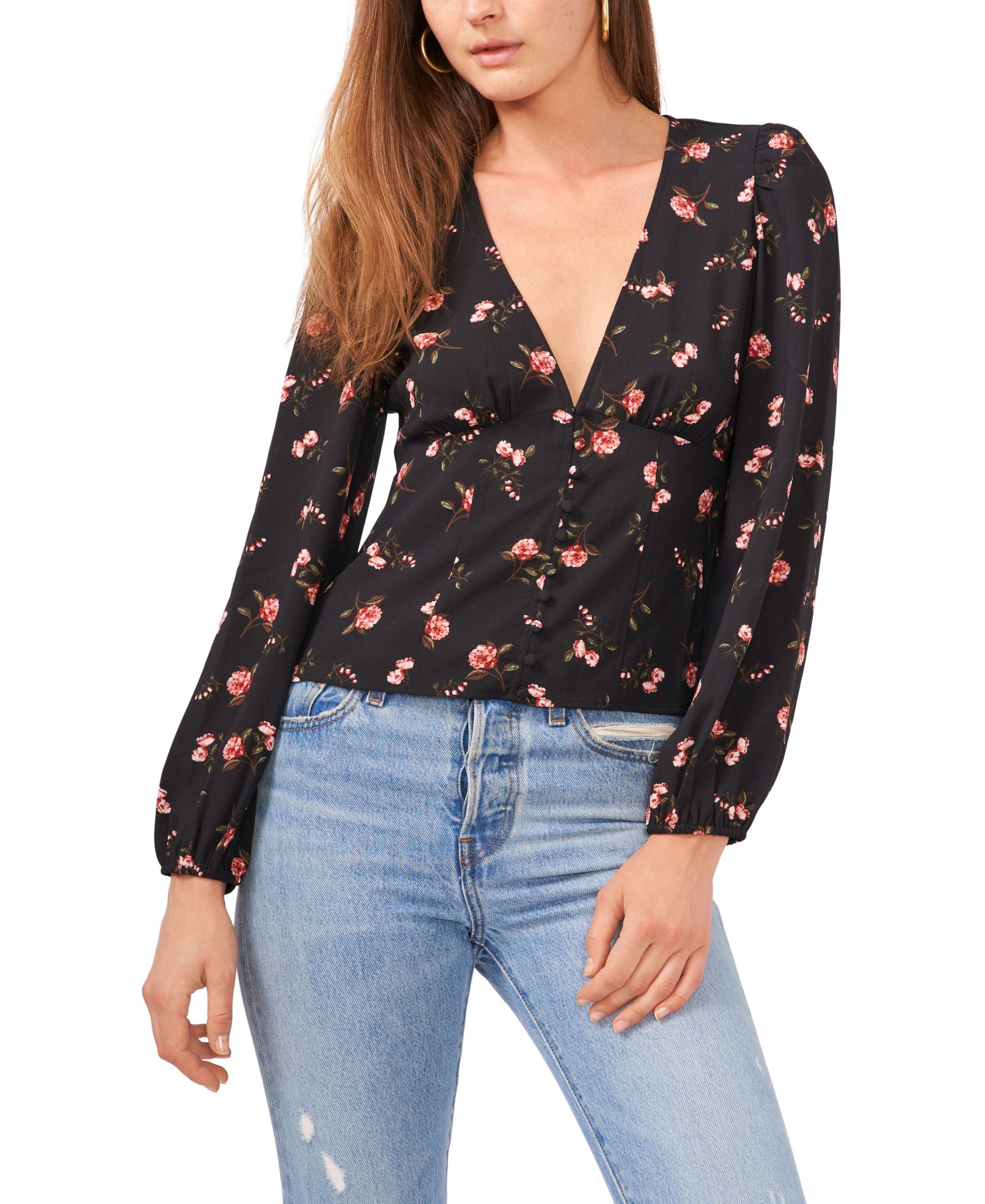 1.State Long-Sleeve V Neck Button-Front Premium Top