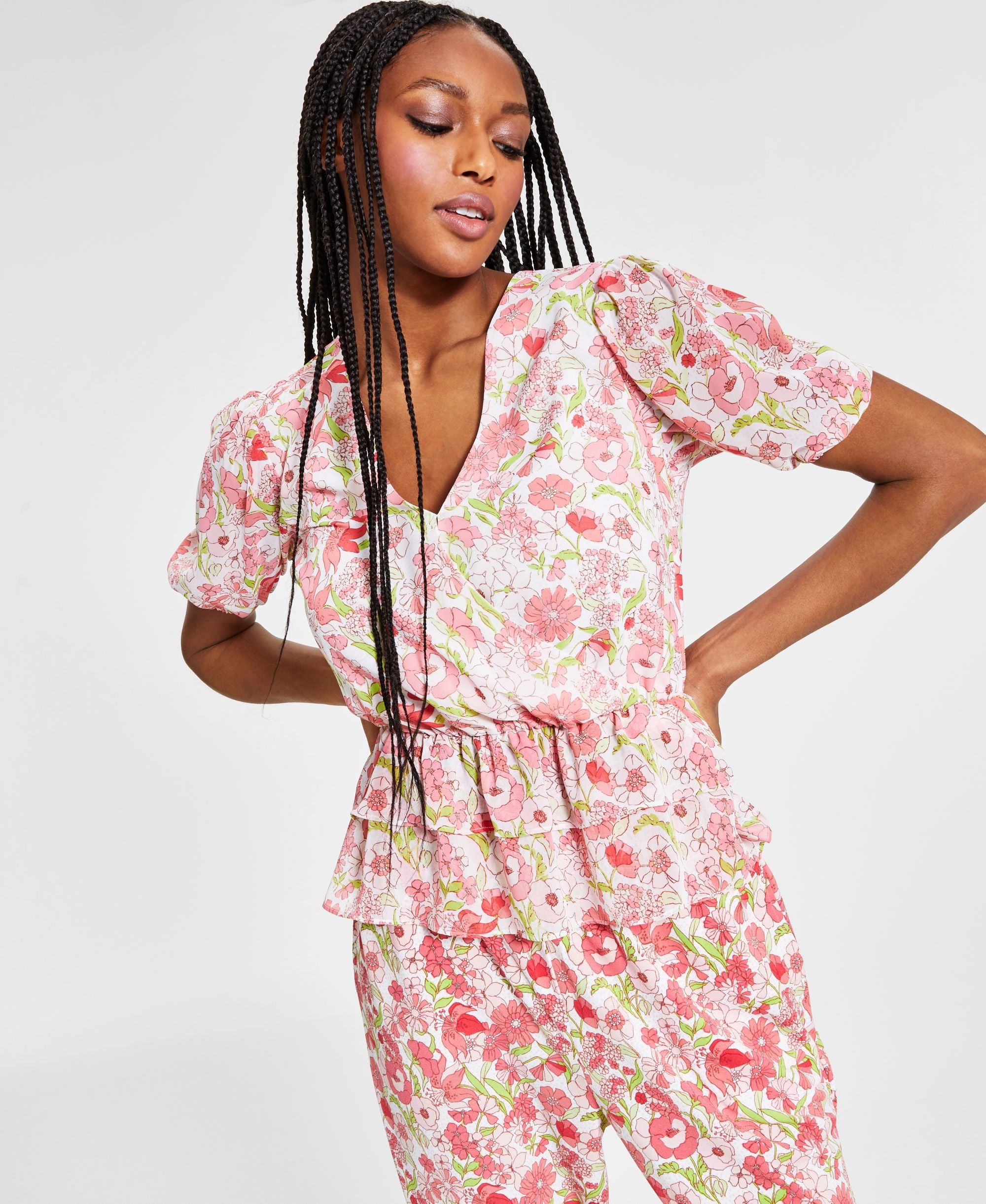 Bar III Printed Puff-Sleeve Peplum Premium Top