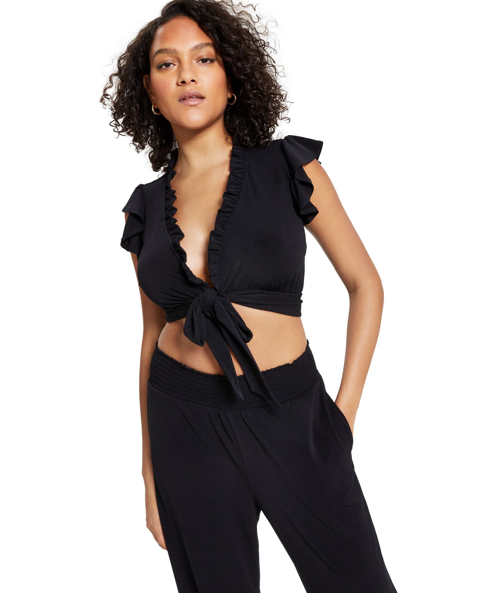 Bar III Ruffled Tie Front Crop Premium Top