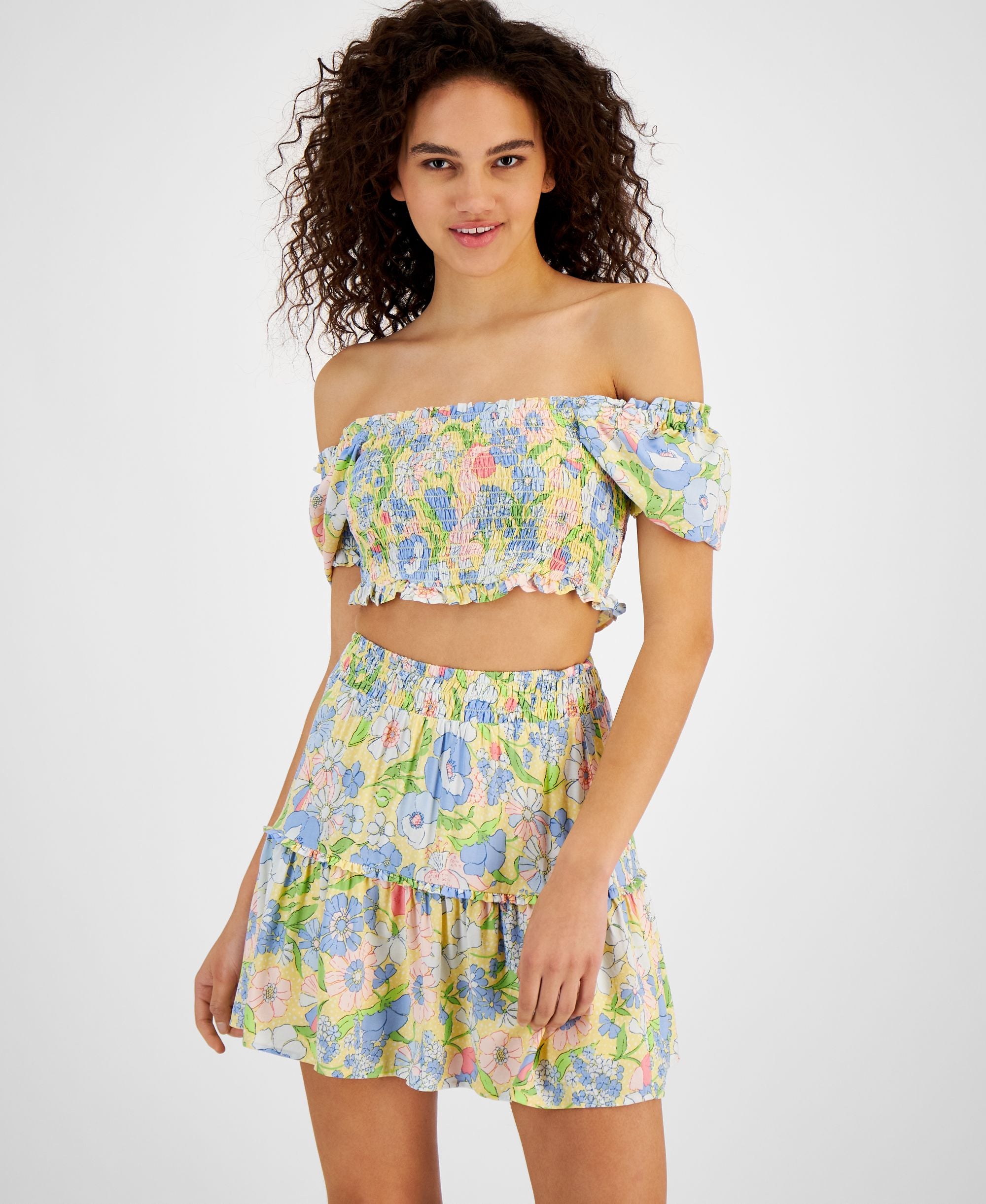 Bar III Womens Printed Off The Shoulder Smocked Premium Top