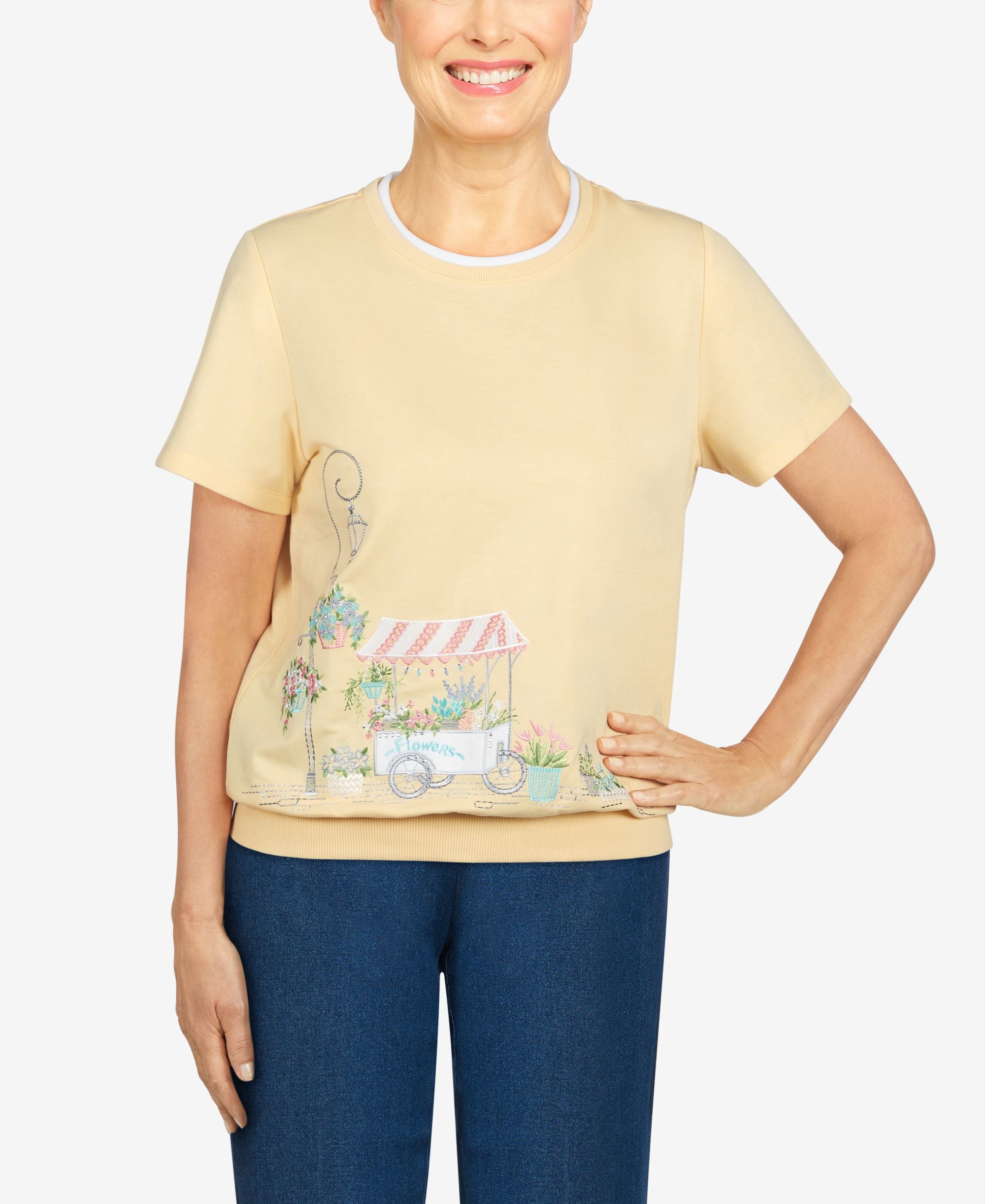 Missy Womens Classics S2 Flower Cart Embroidered Border Pullover Sweatshirt