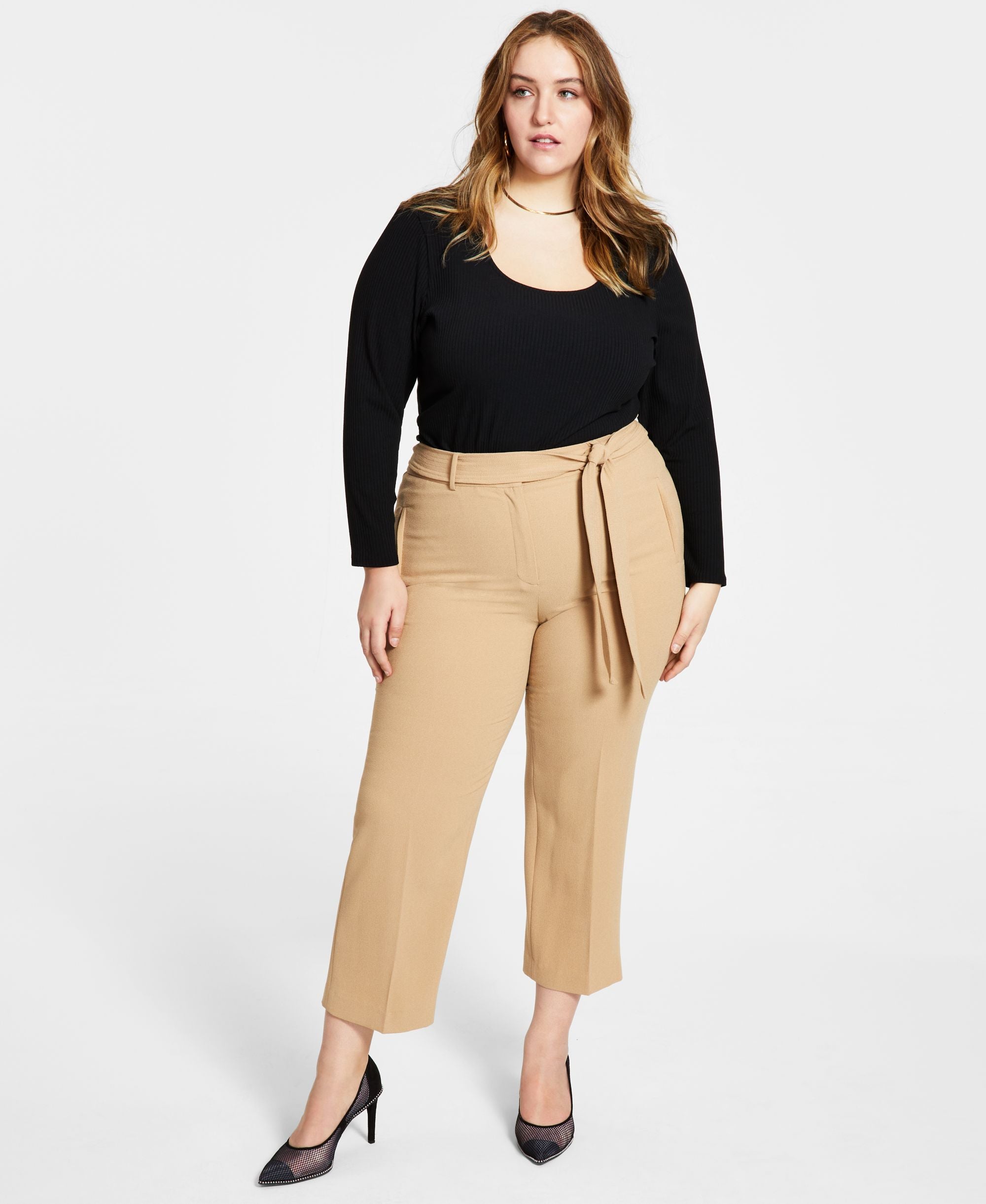 Bar III Plus Size Belted Textured Crepe Signature Pants