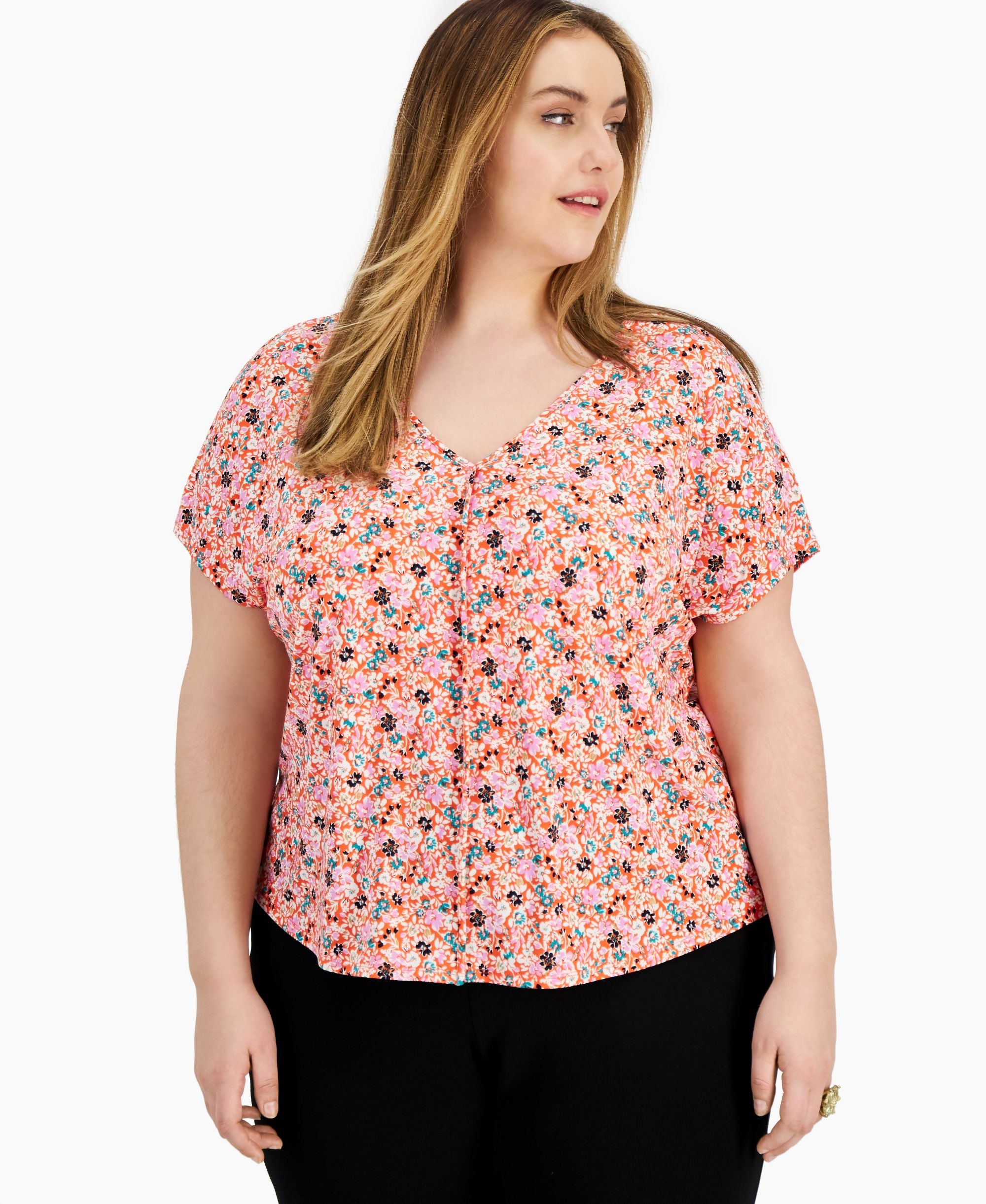 Bar III Plus Size Printed V Neck Premium Top