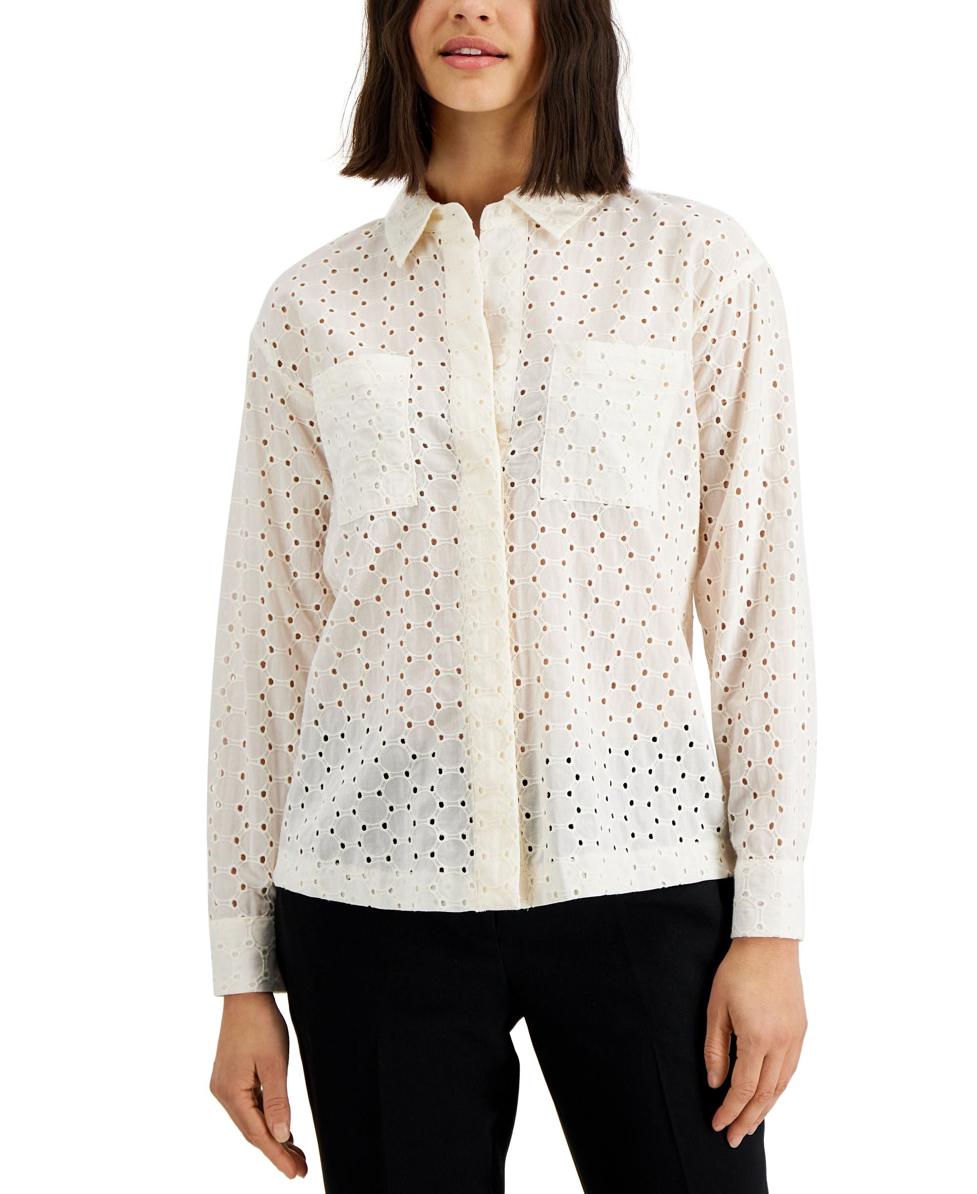 Alfani Petite Cotton Eyelet Button-Front Premium Top