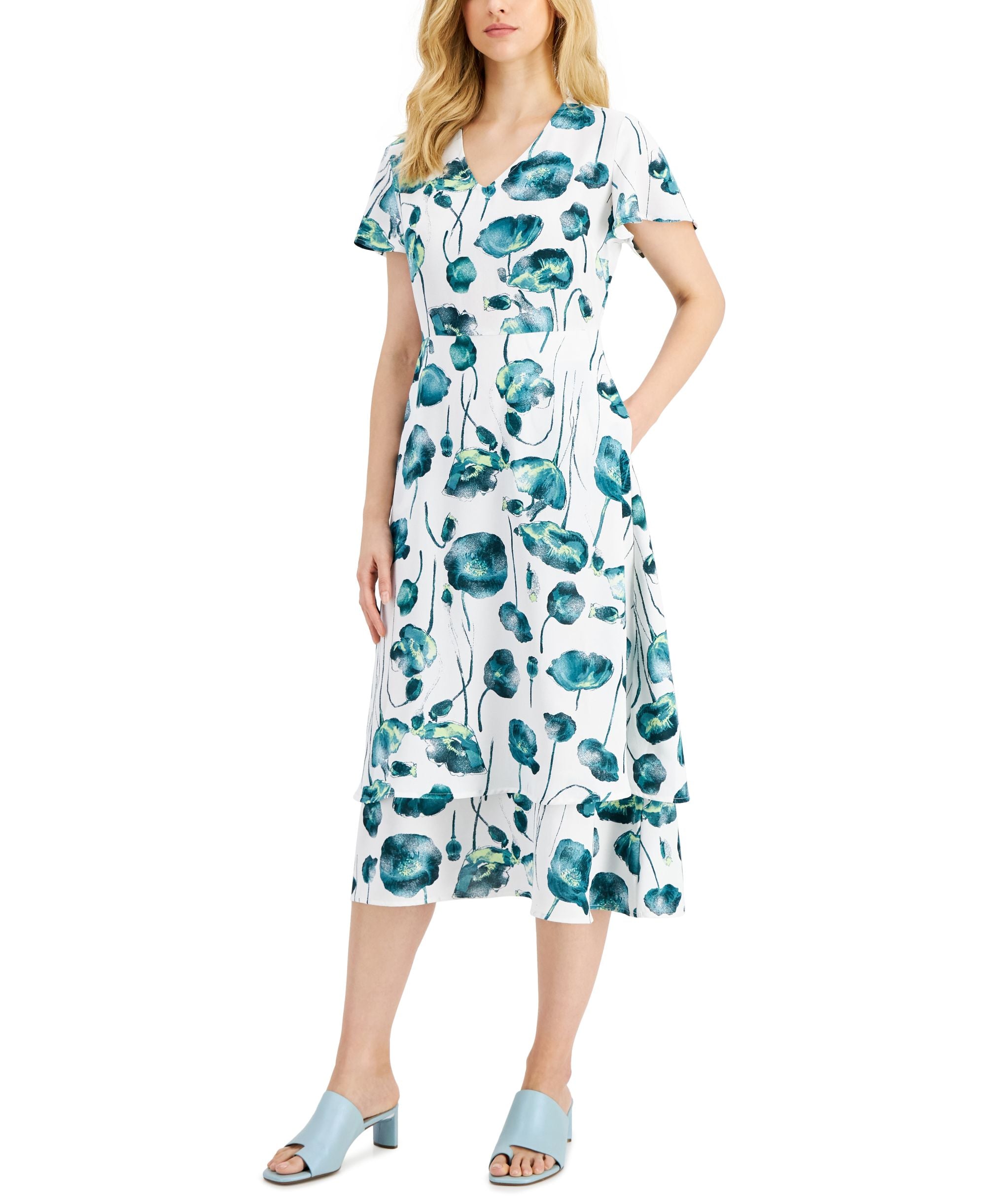 Alfani Petite V Neck Flutter-Sleeve Midi Dress