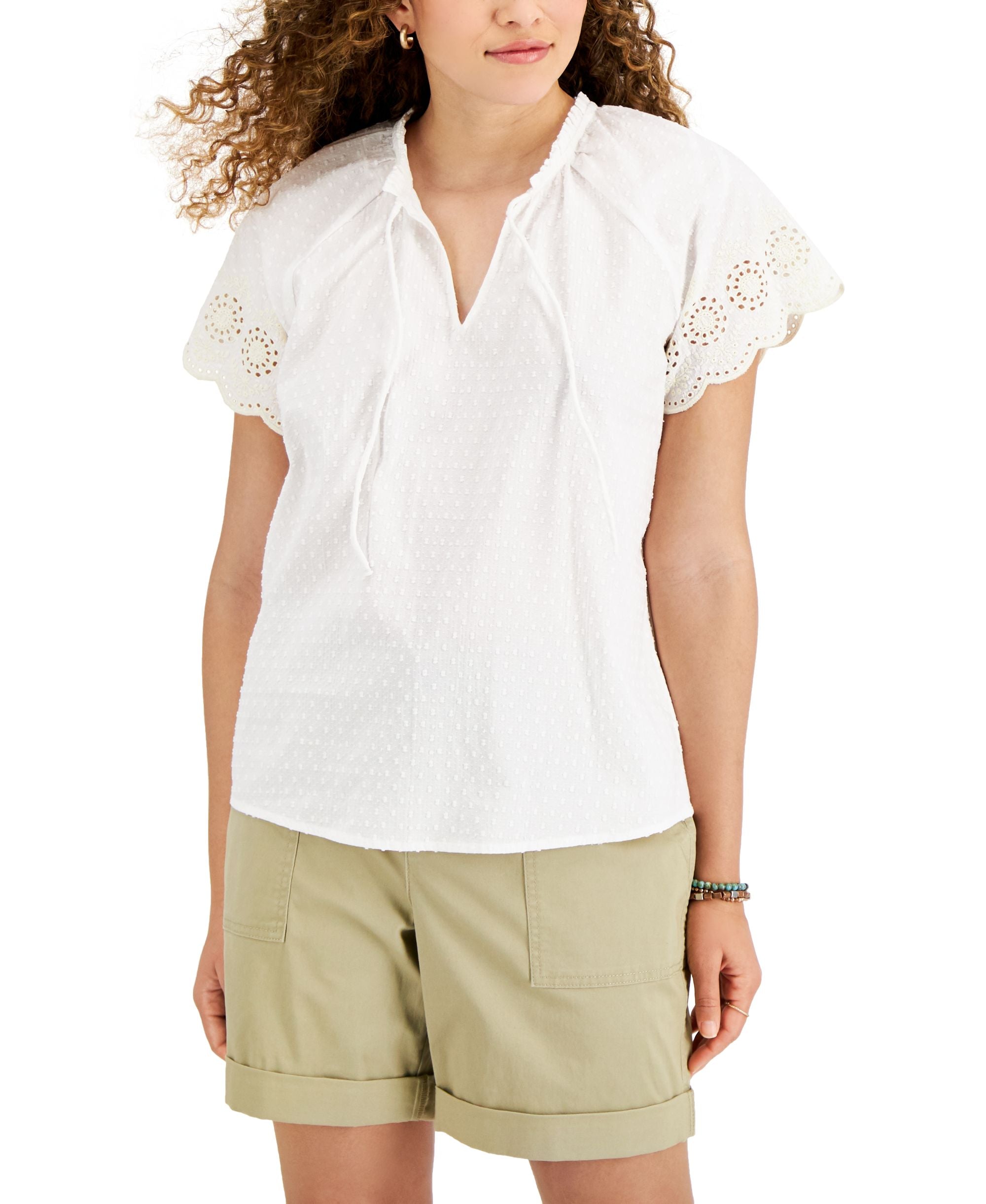 Style & Co Cotton Flutter-Sleeve Peasant Premium Top