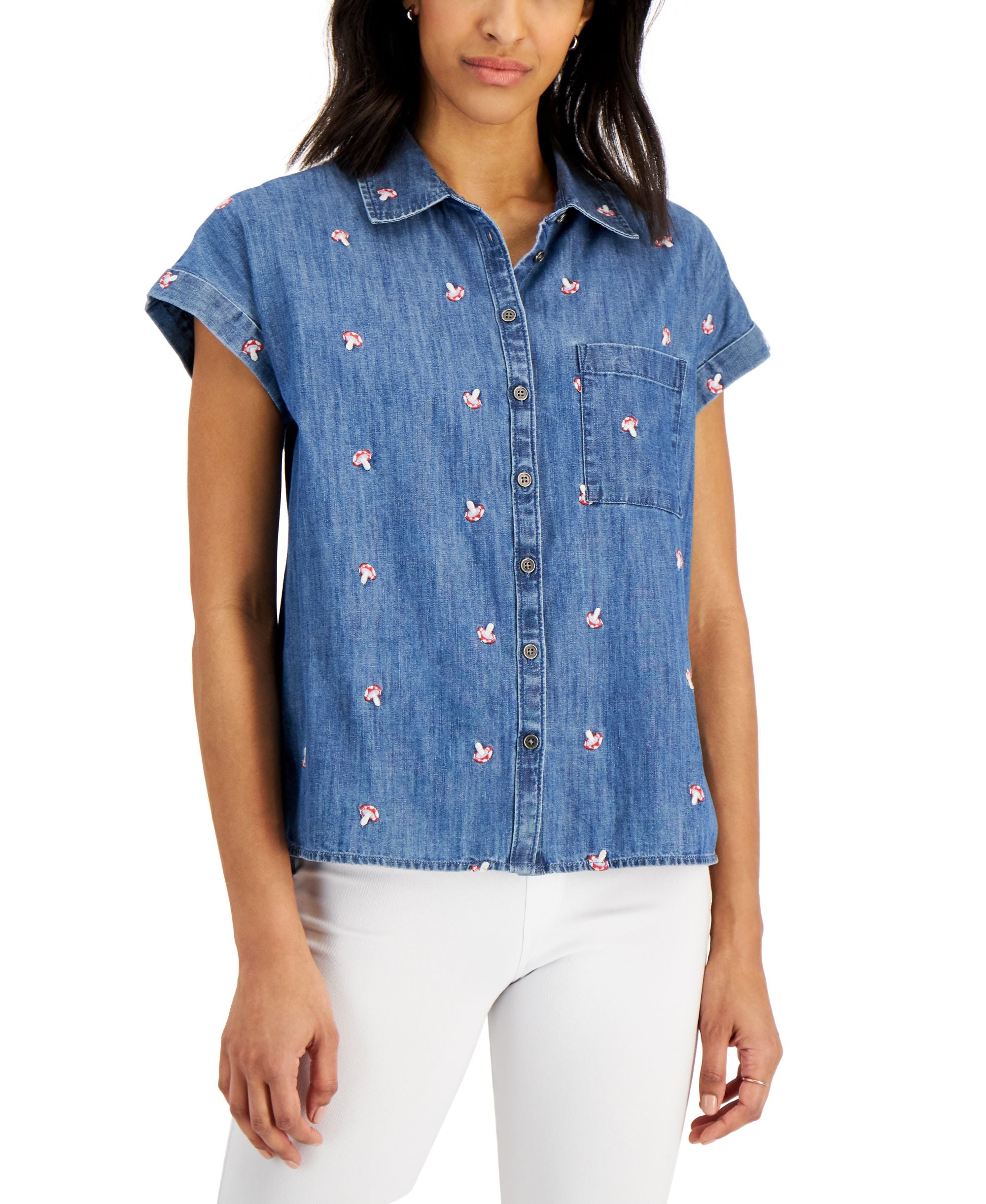 Style & Co Petite Embroidered Mushroom Camp Modern Shirt