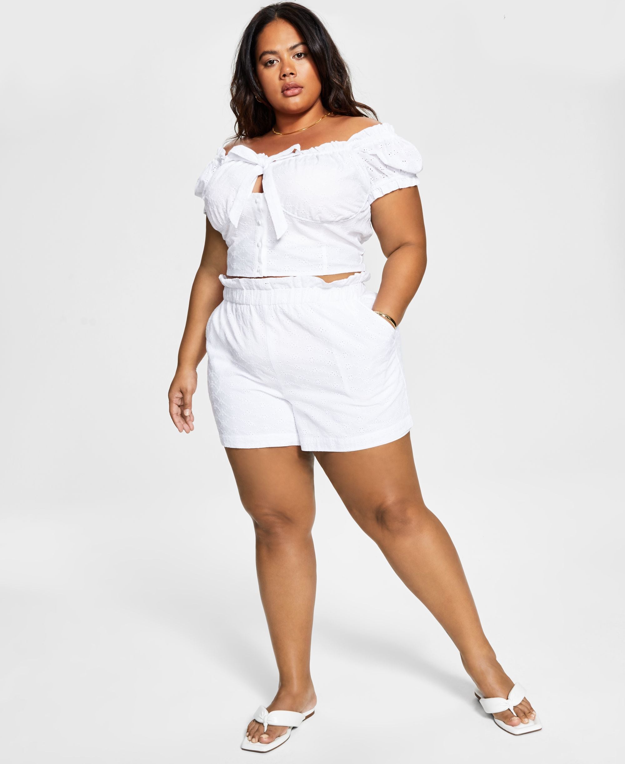 Bar III Modern Plus Size Comfort-Waist Eyelet Premium Shorts