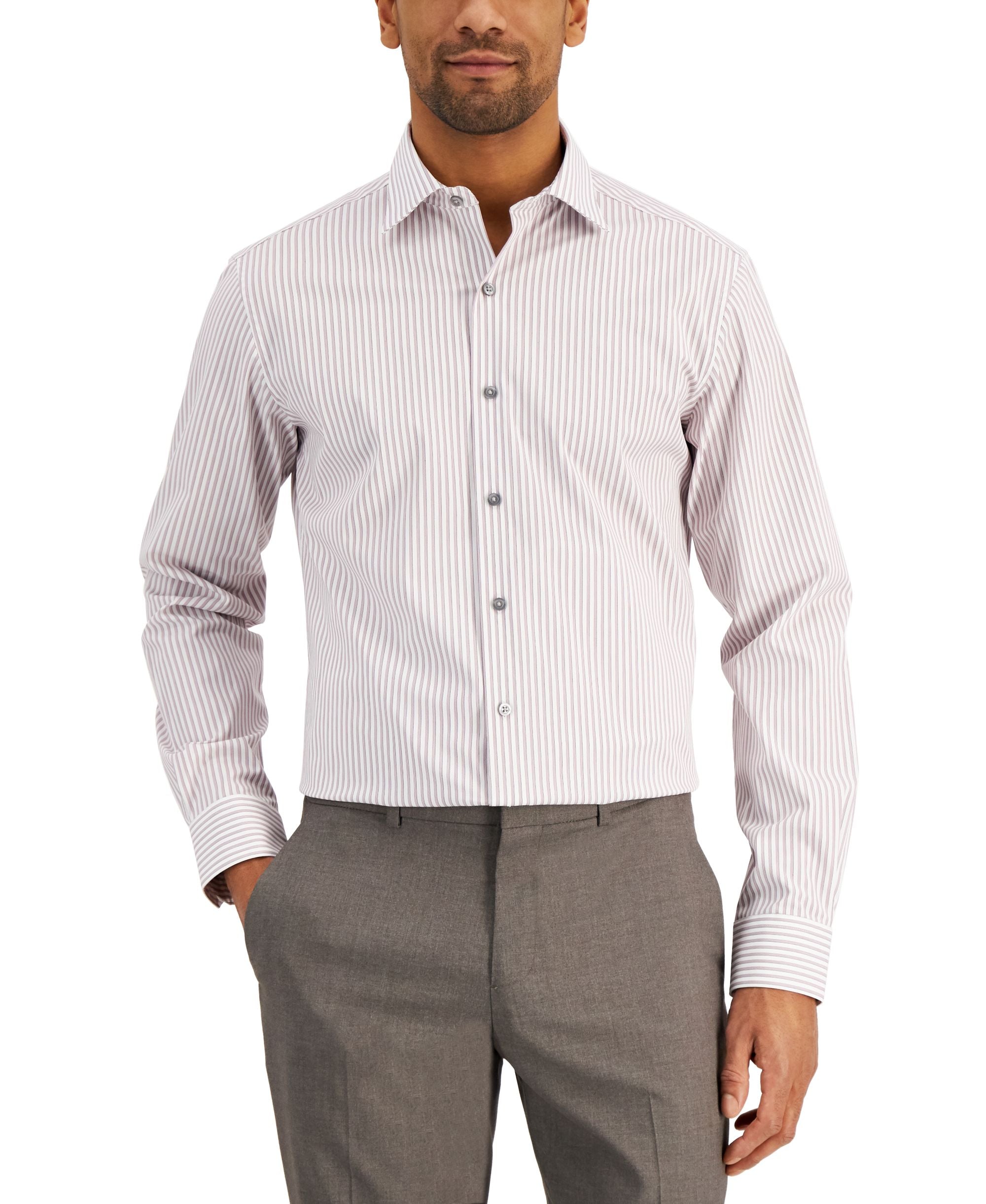 Alfani Mens Slim-Cut Fit 2 Way Stretch Performance Stripe Dress Modern Shirt