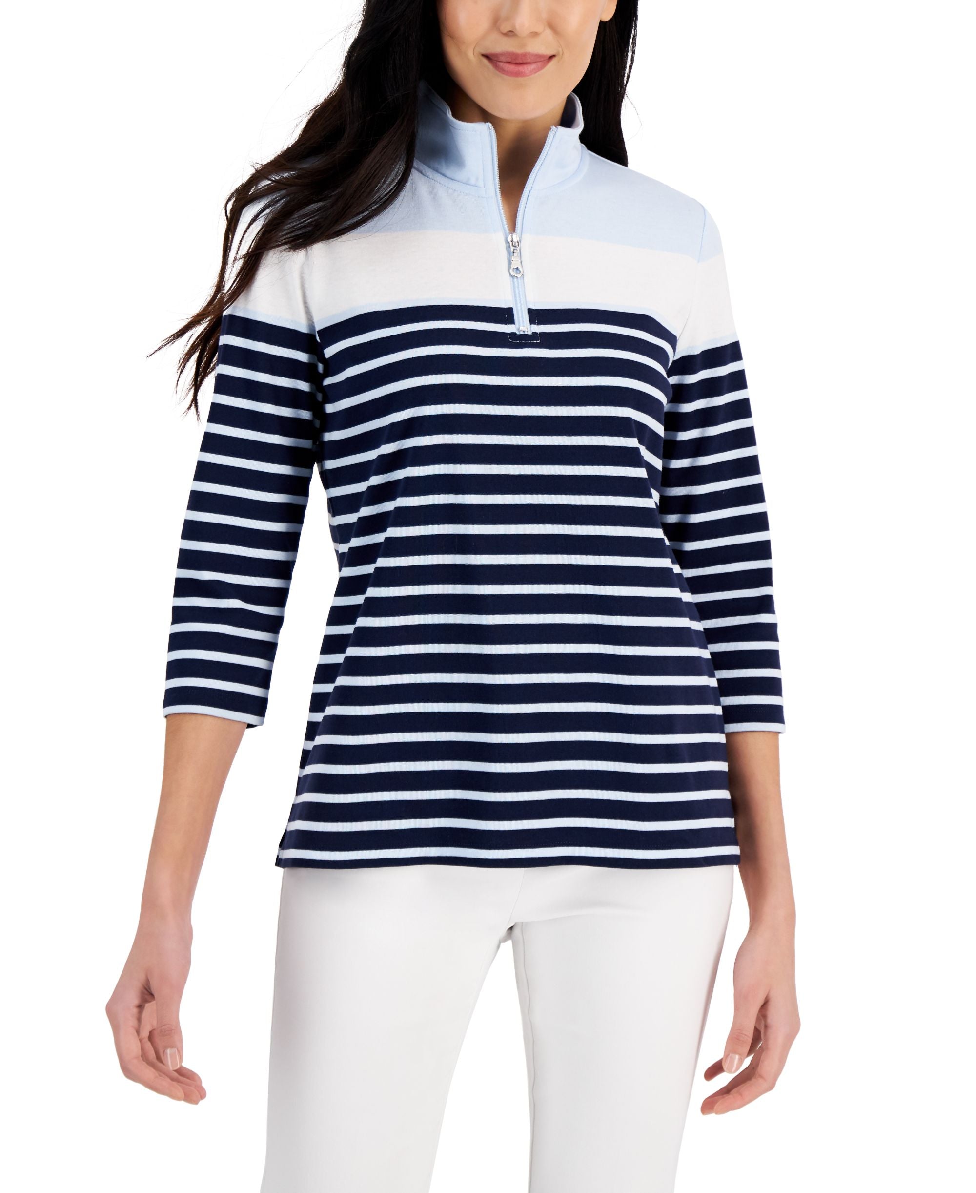 Karen Scott Striped Quarter Zip 3/4 Sleeve Premium Top
