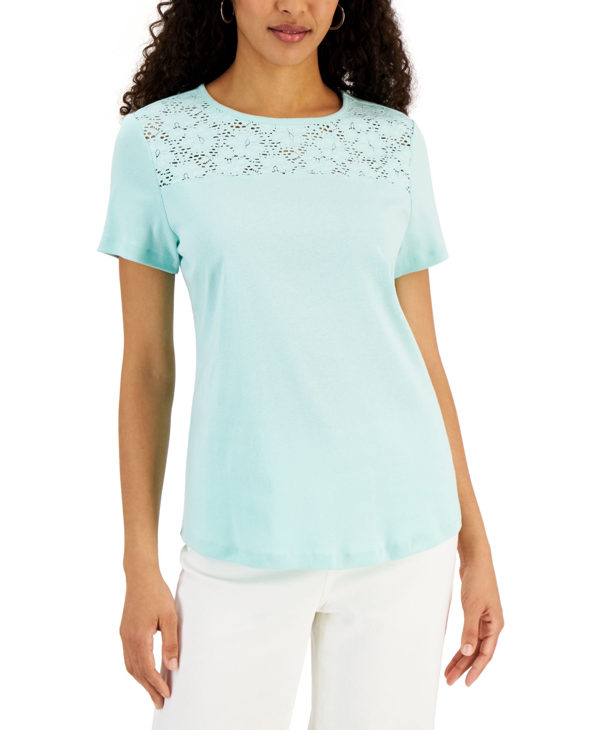 Karen Scott Short-Sleeve Crocheted Yoke Premium Top
