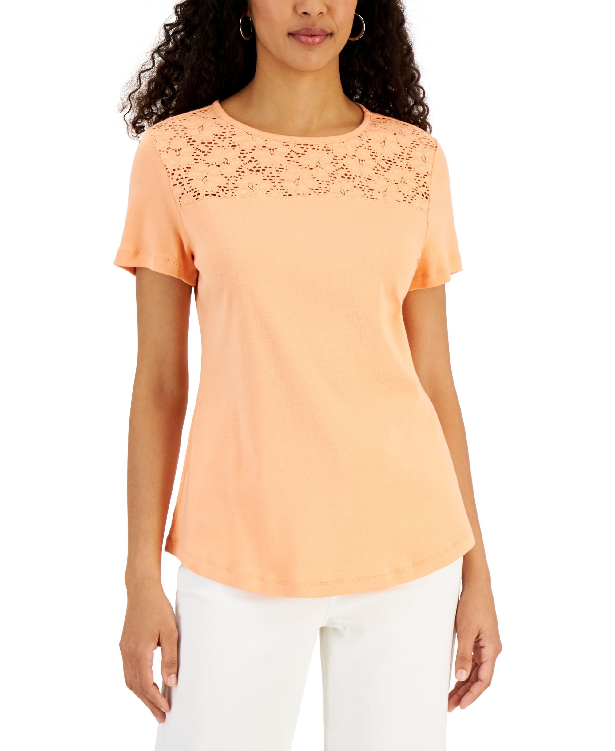 Karen Scott Short-Sleeve Crocheted Yoke Premium Top