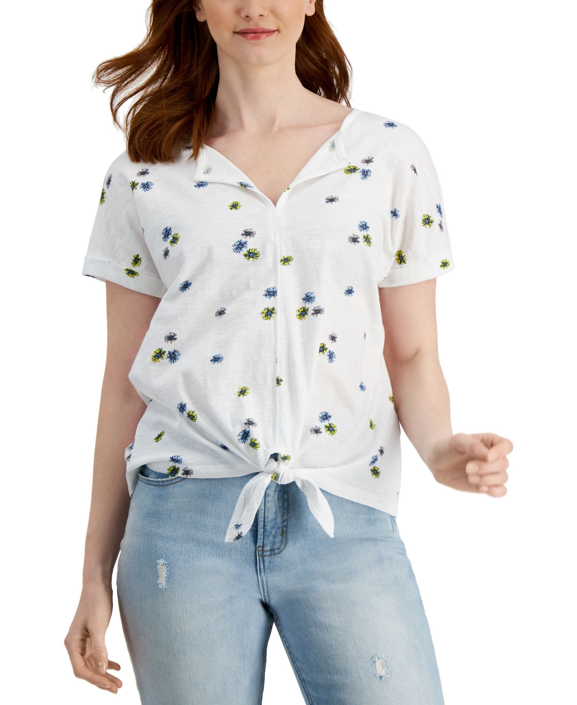 Style & Co Cotton Printed Split Neck Dolman Premium Top