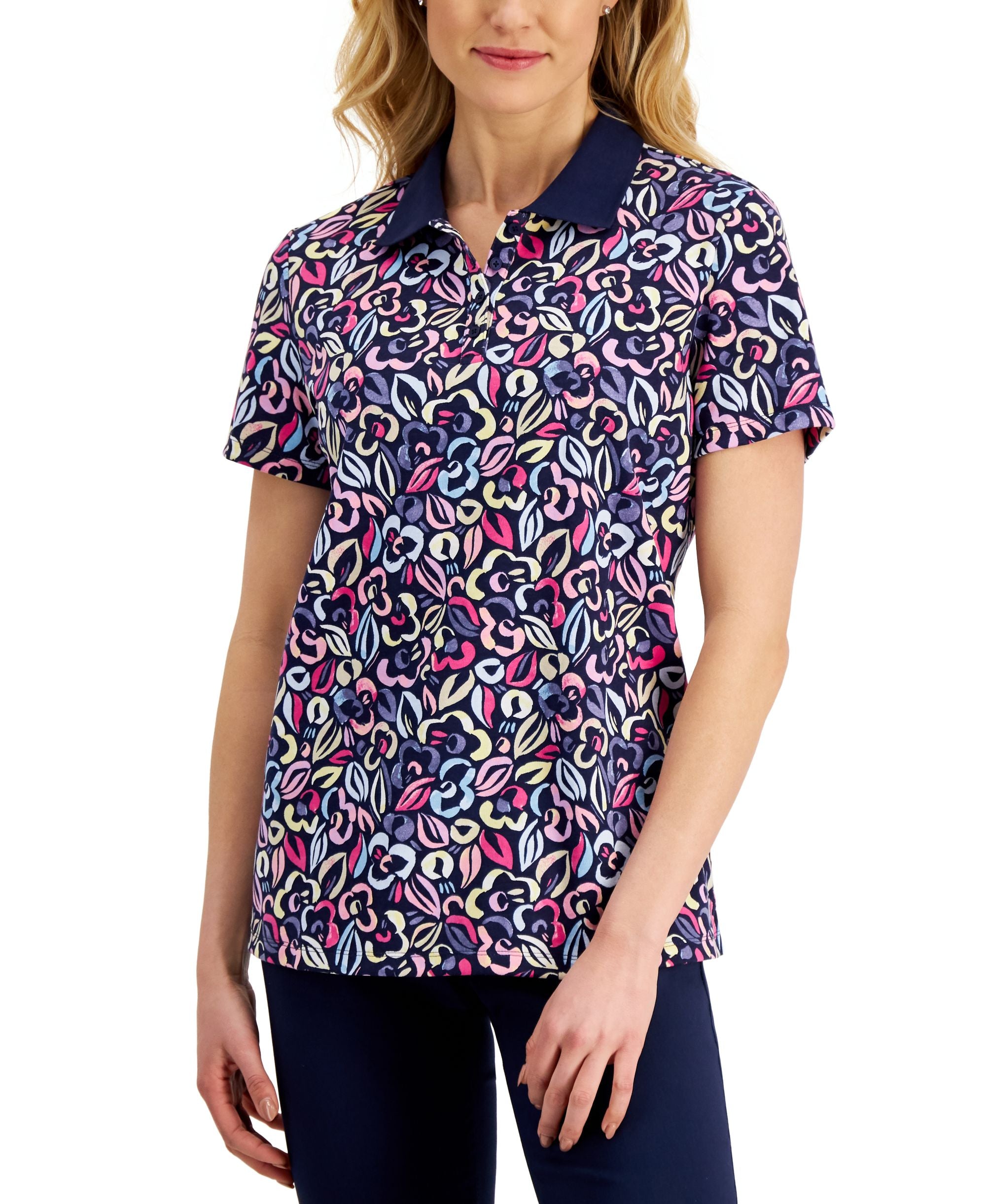 Karen Scott Womens Floral Polo Modern Shirt