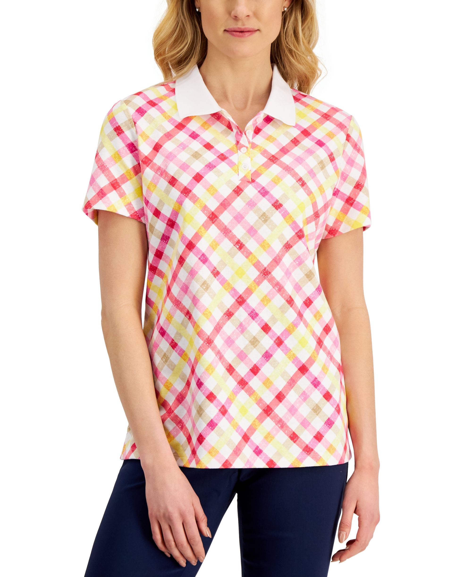 Karen Scott Womens Plaid Polo Modern Shirt