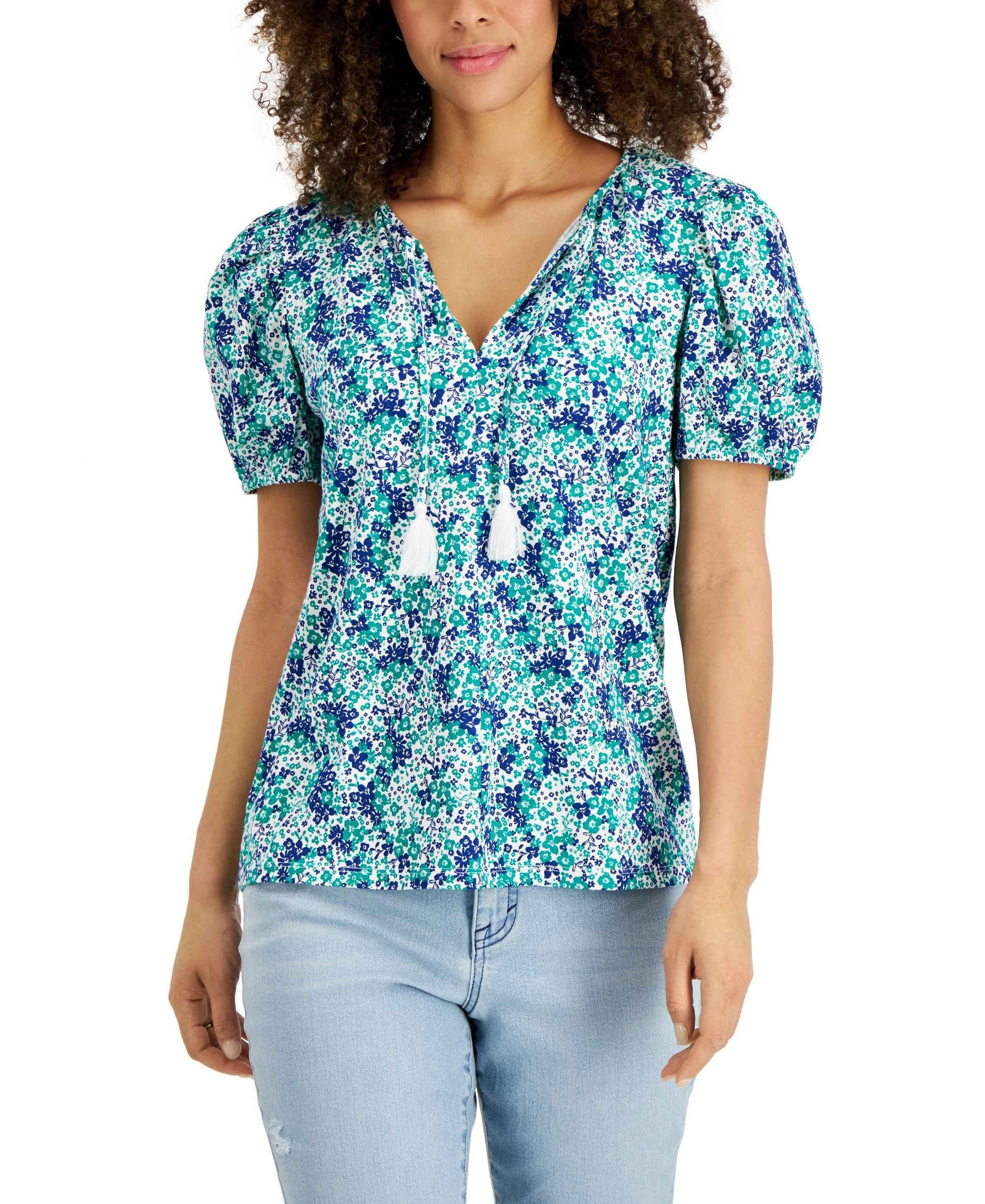 Style & Co Womens Printed Puff-Sleeve Tie Neck Premium Top