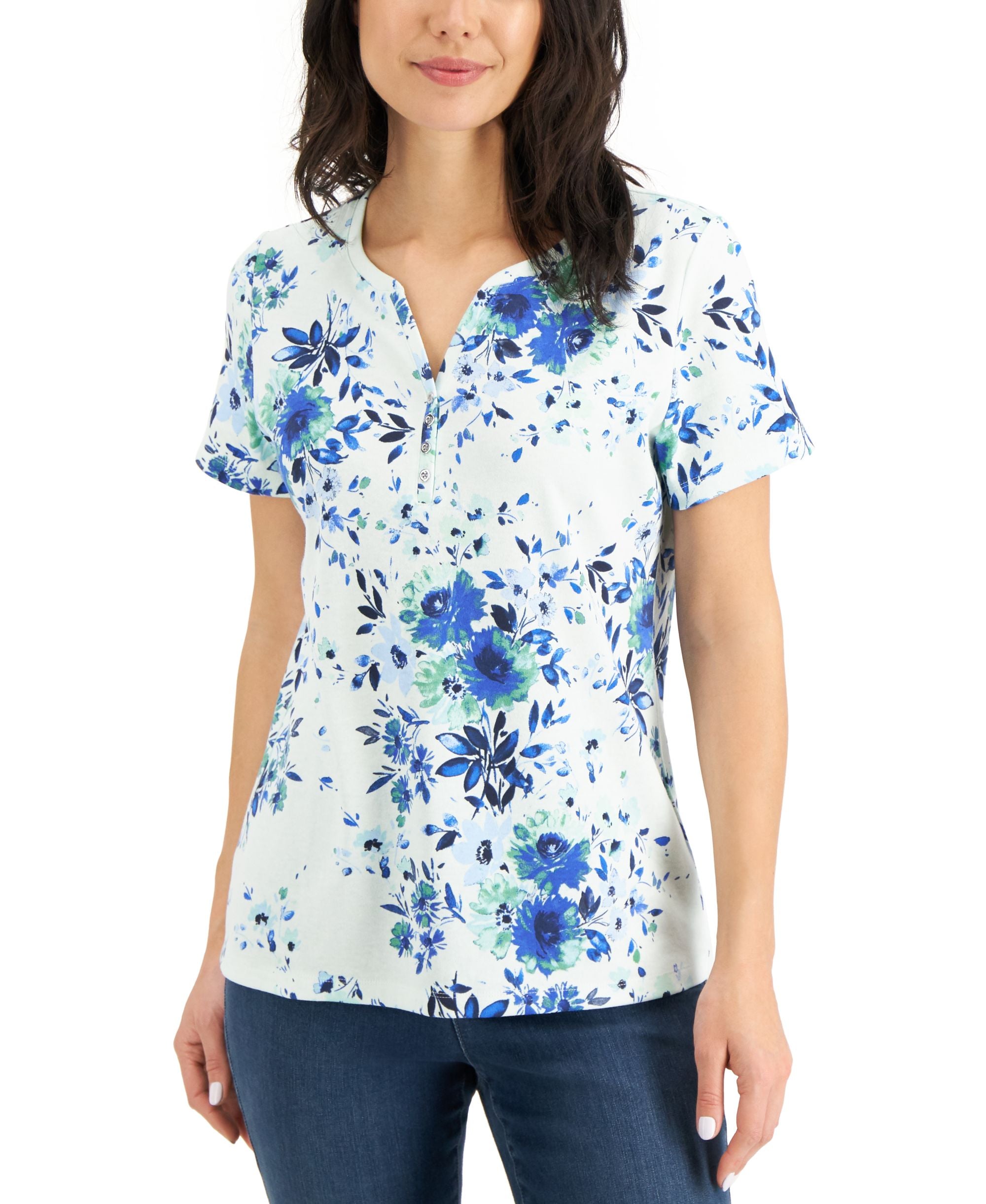Karen Scott Floral Dash Printed Henley Premium Top