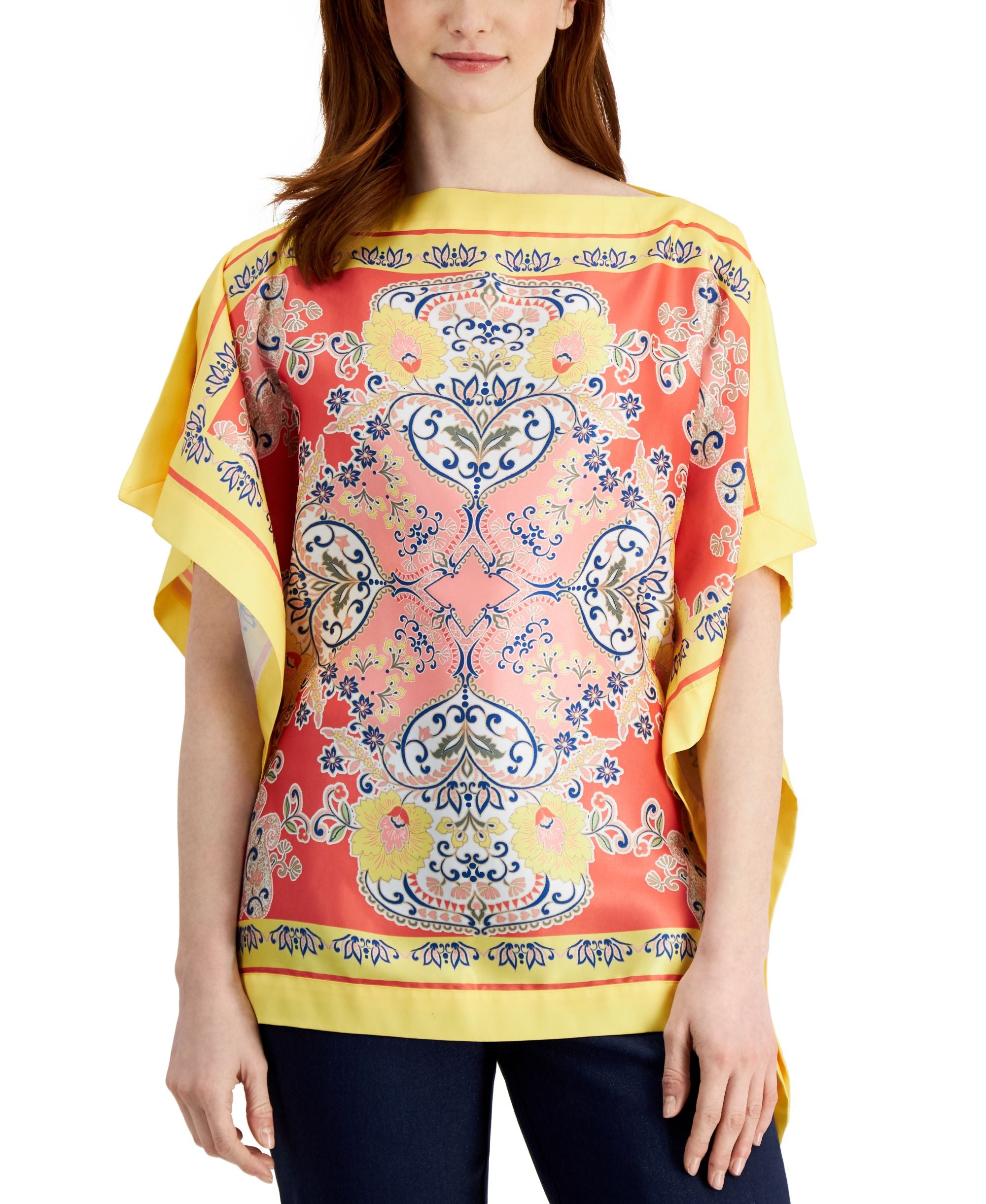 JM Collection Womens Printed Poncho Premium Top