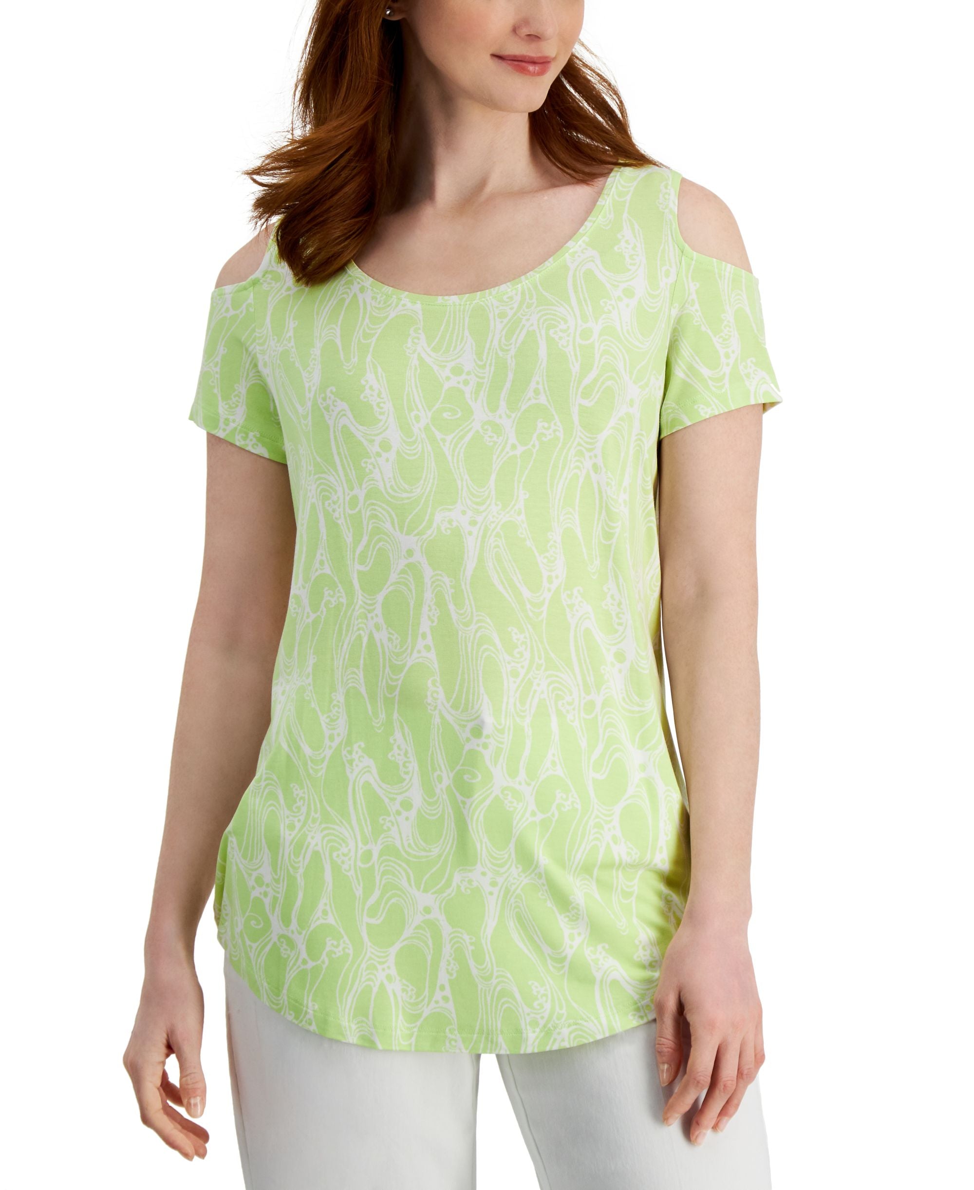 JM Collection Womens Printed Cold Shoulder Premium Top