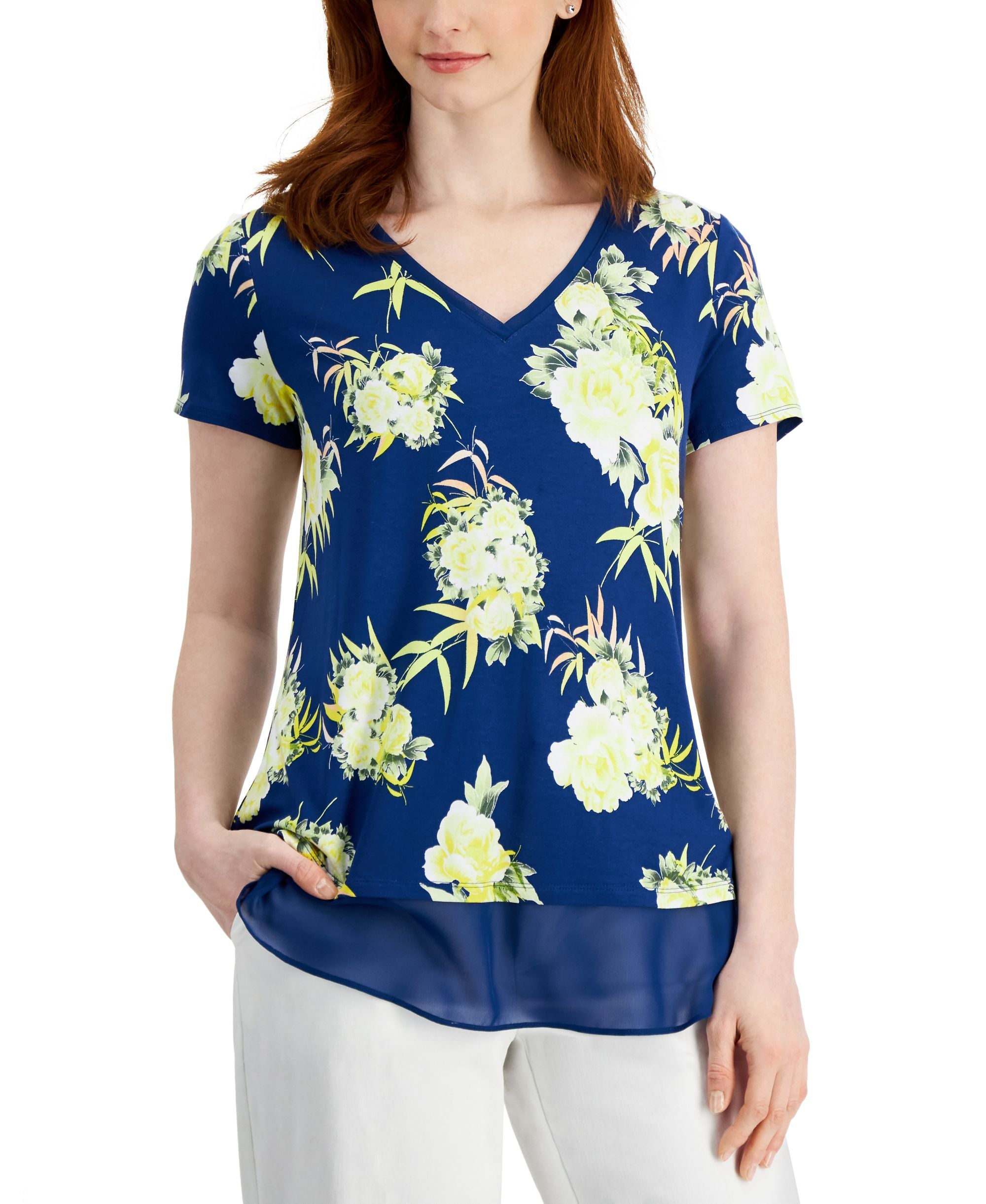 JM Collection Womens V-Neck Short-Sleeve Floral Layered-Look Premium Top