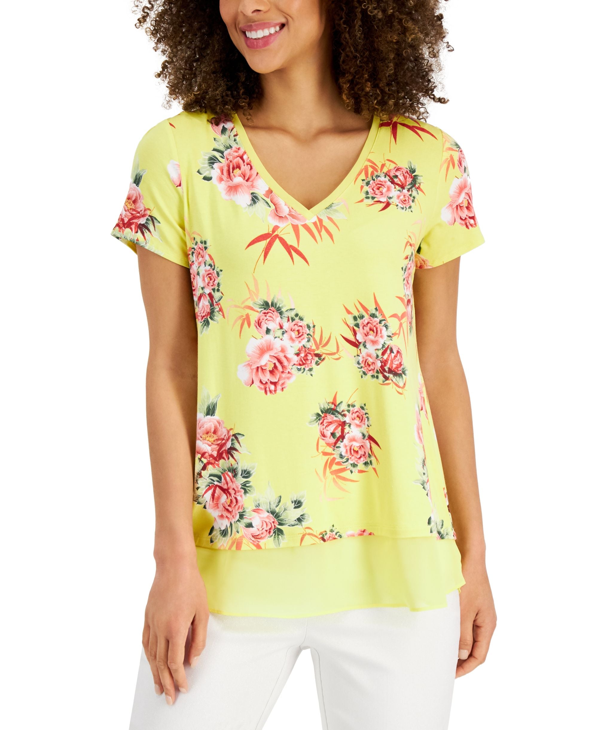JM Collection Womens V-Neck Short-Sleeve Floral Layered-Look Premium Top