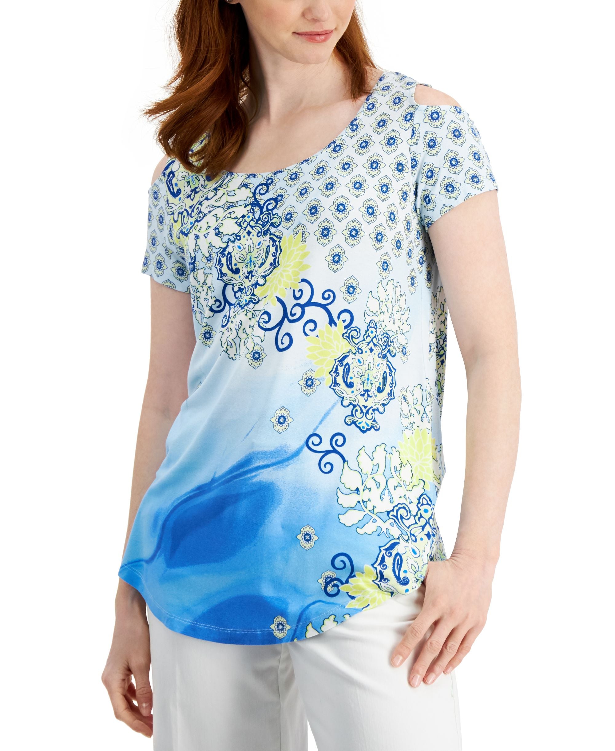JM Collection Womens Printed Cold-Shoulder Premium Top