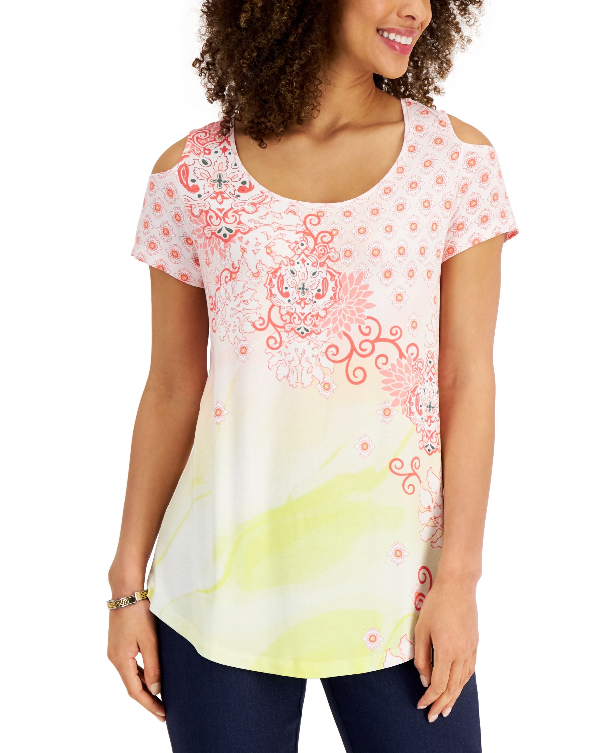 JM Collection Womens Printed Cold-Shoulder Premium Top