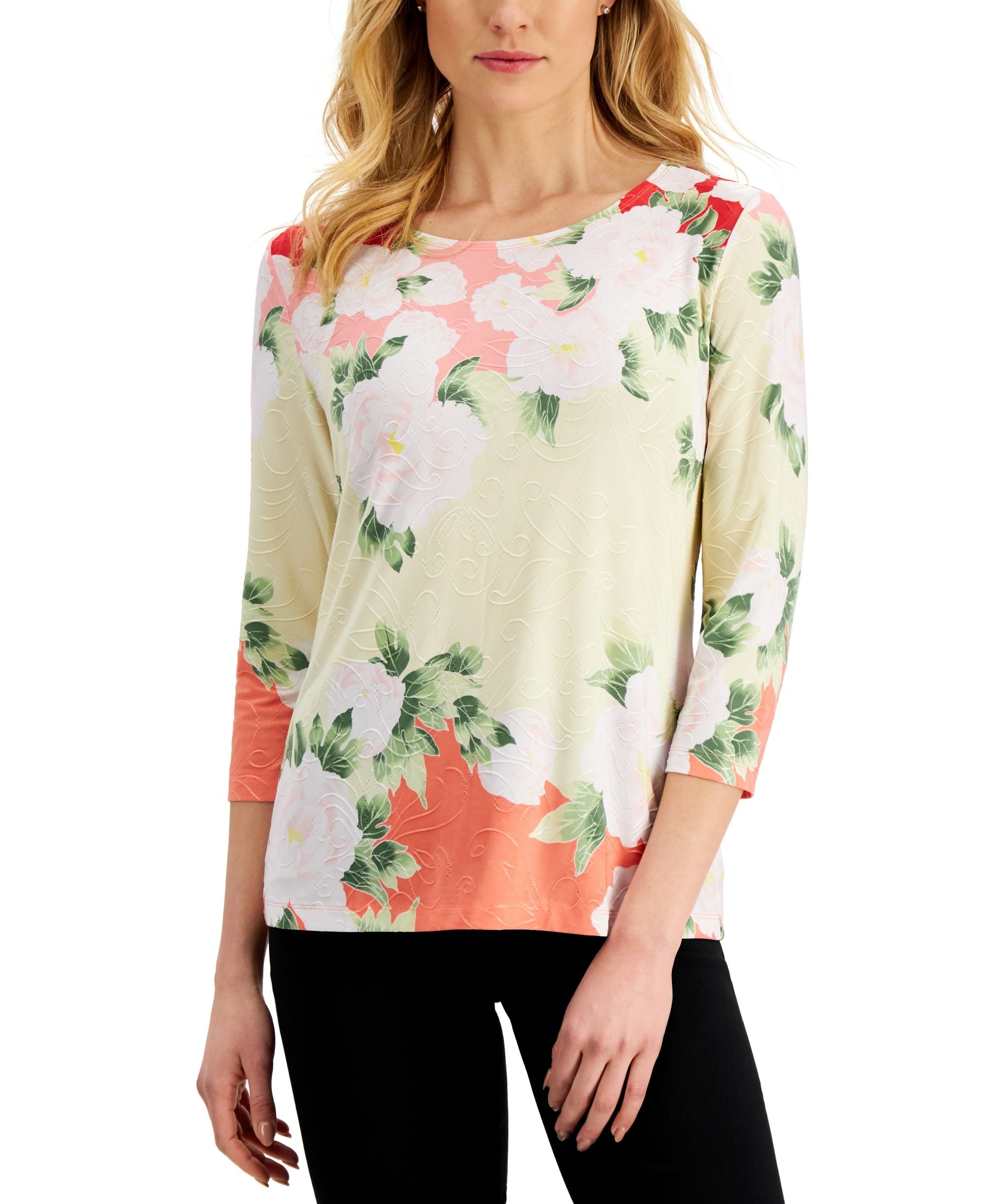 JM Collection Womens Floral Jacquard Premium Top