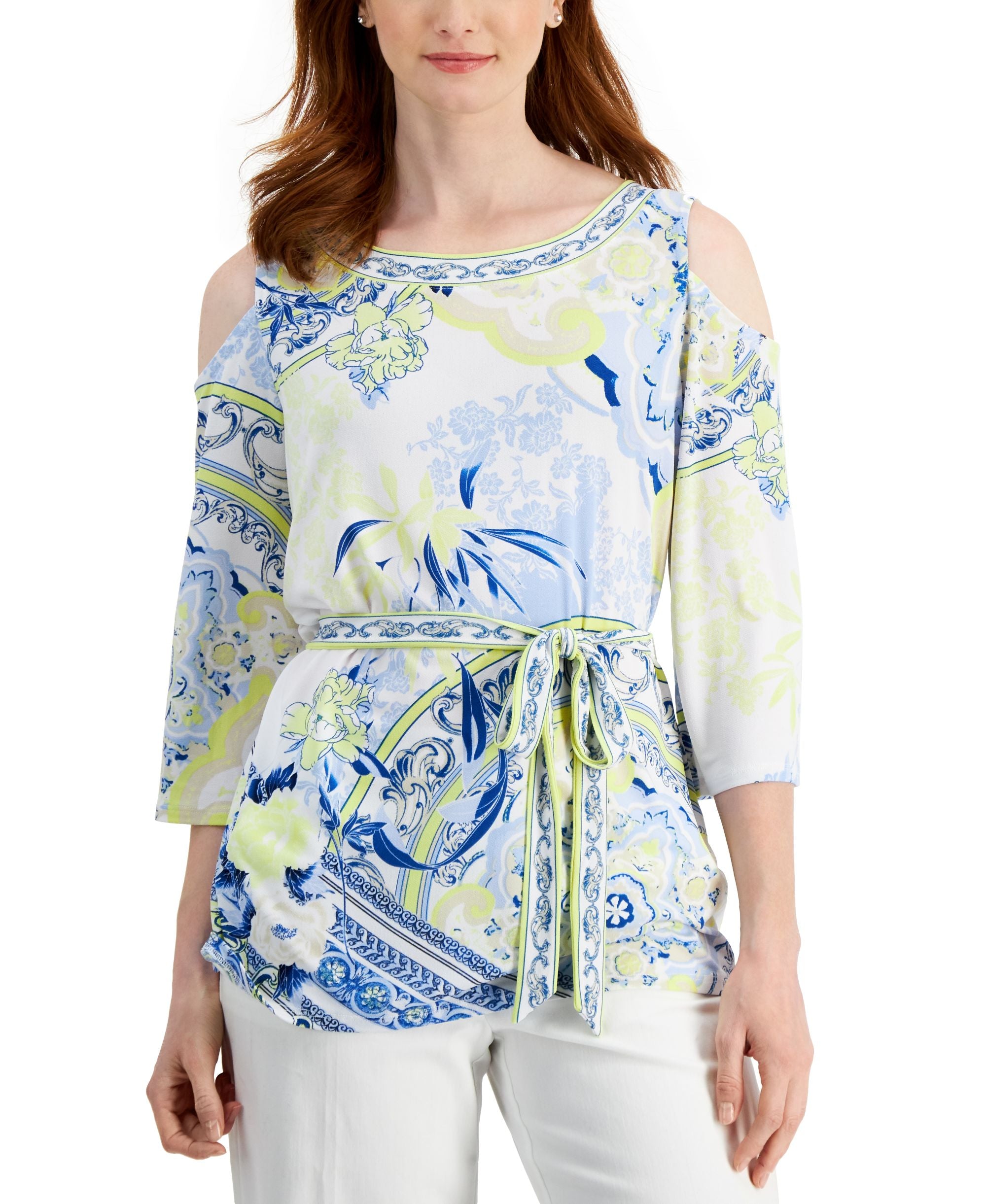 JM Collection Womens Belted Cold-Shoulder Premium Top