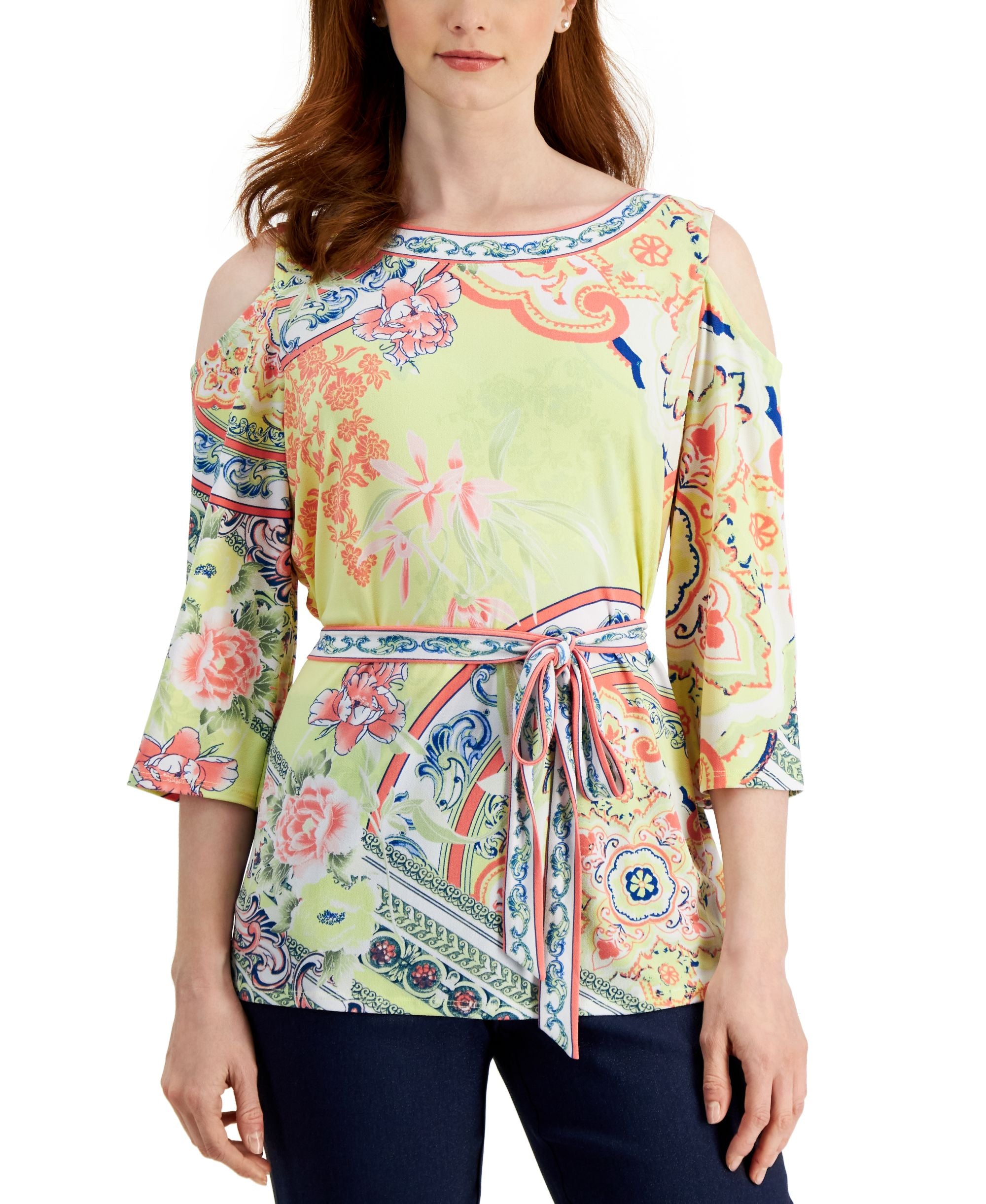 JM Collection Womens Belted Cold-Shoulder Premium Top