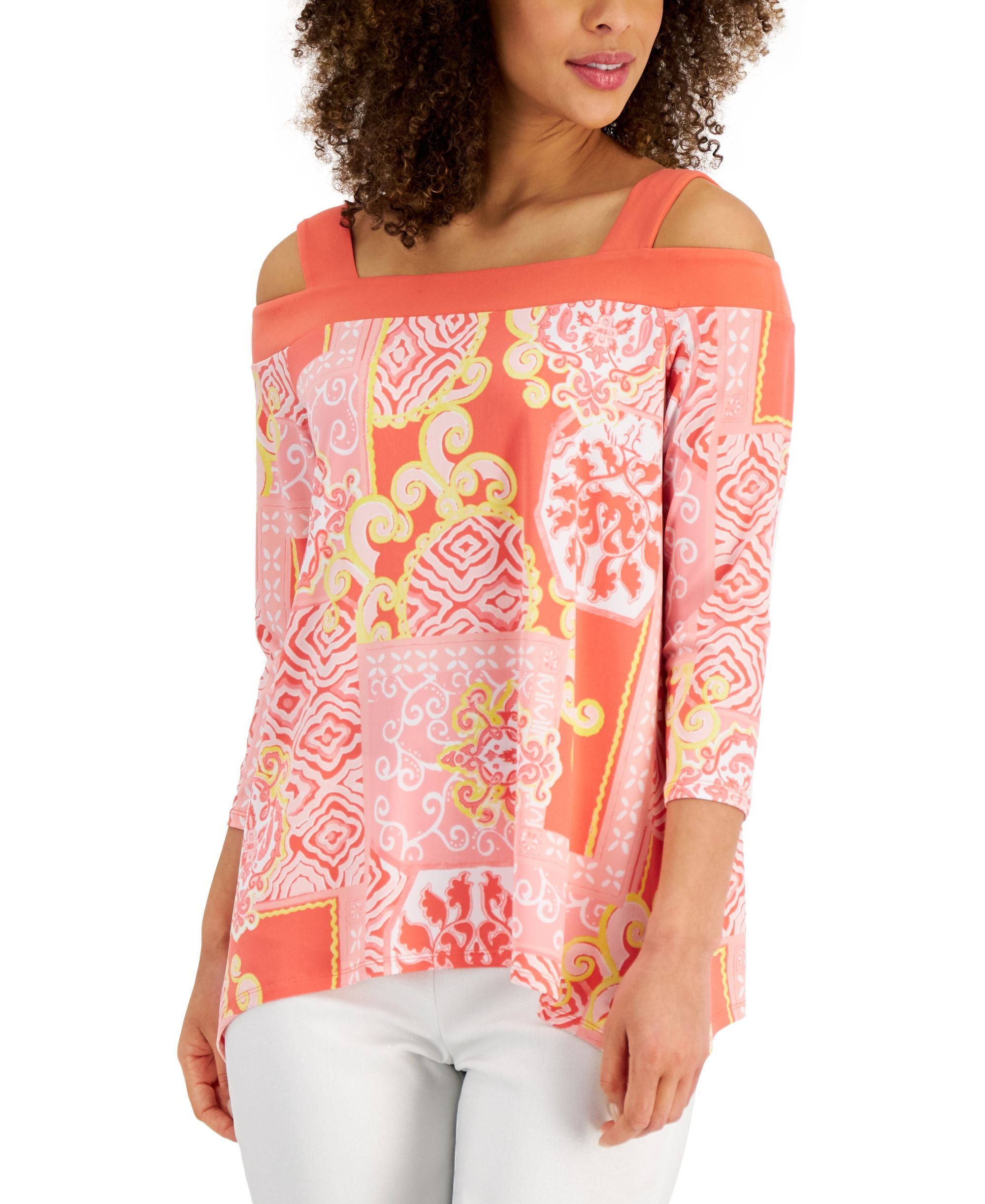 JM Collection Womens Printed Cold-Shoulder Premium Top