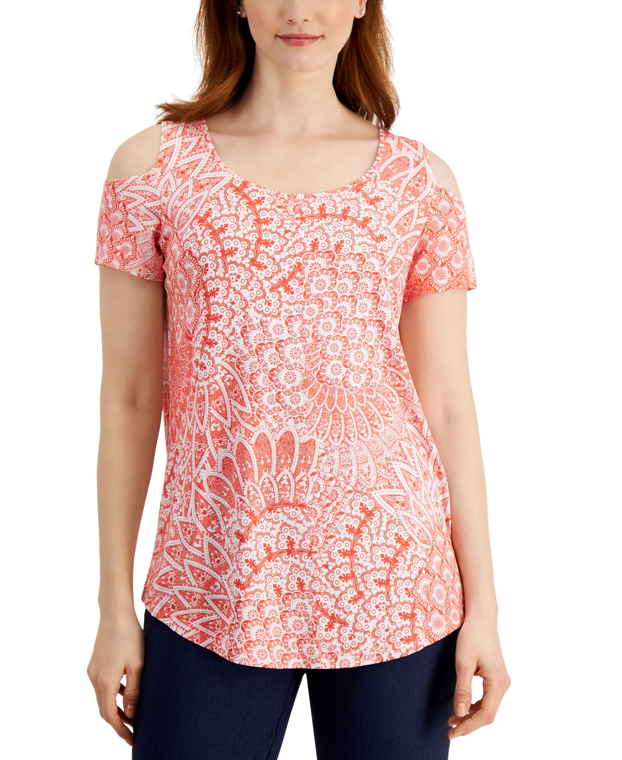 JM Collection Womens Printed Cold-Shoulder Premium Top