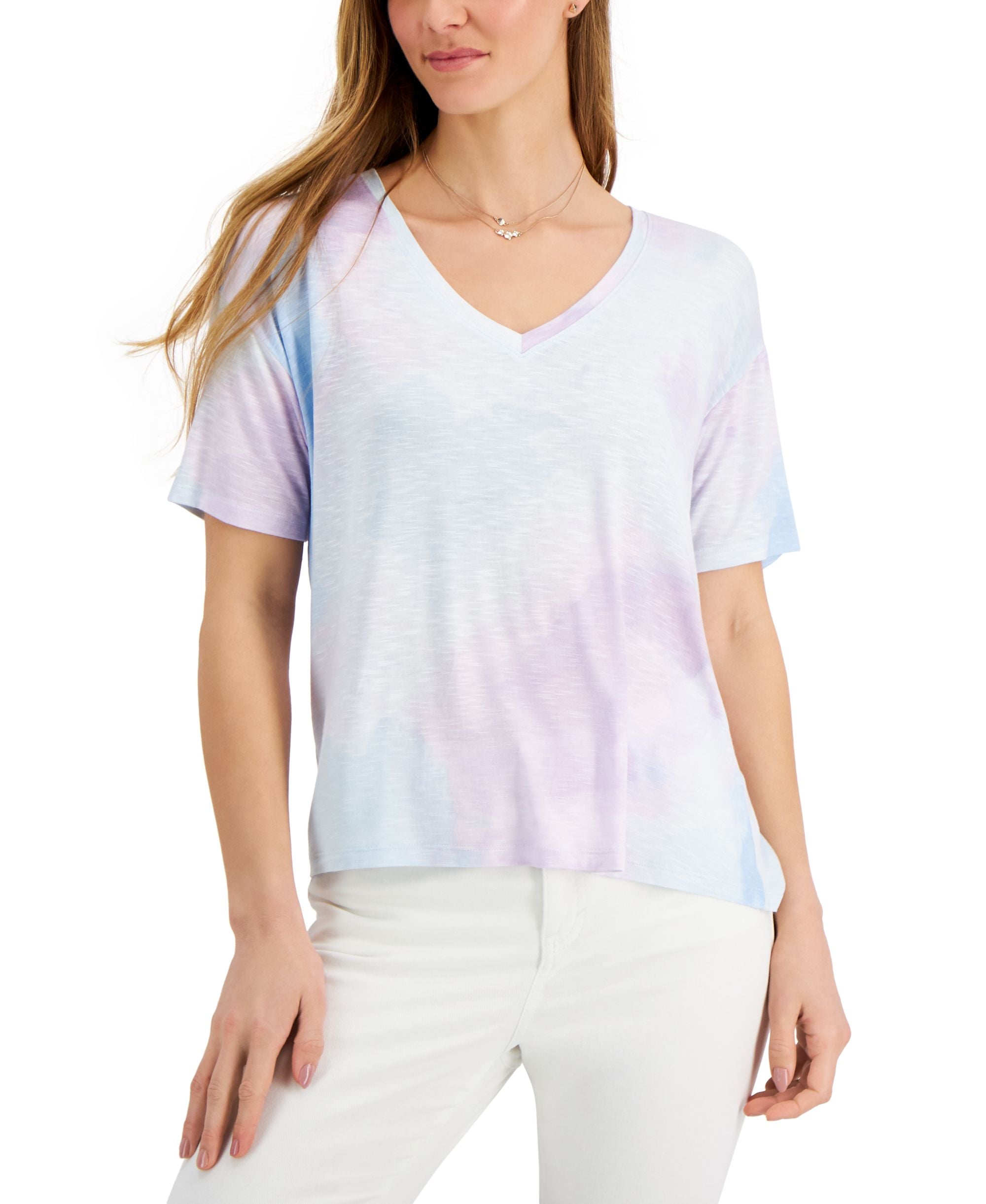 Style & Co Tie Dyed Print Drapey V Neck T-Modern Shirt