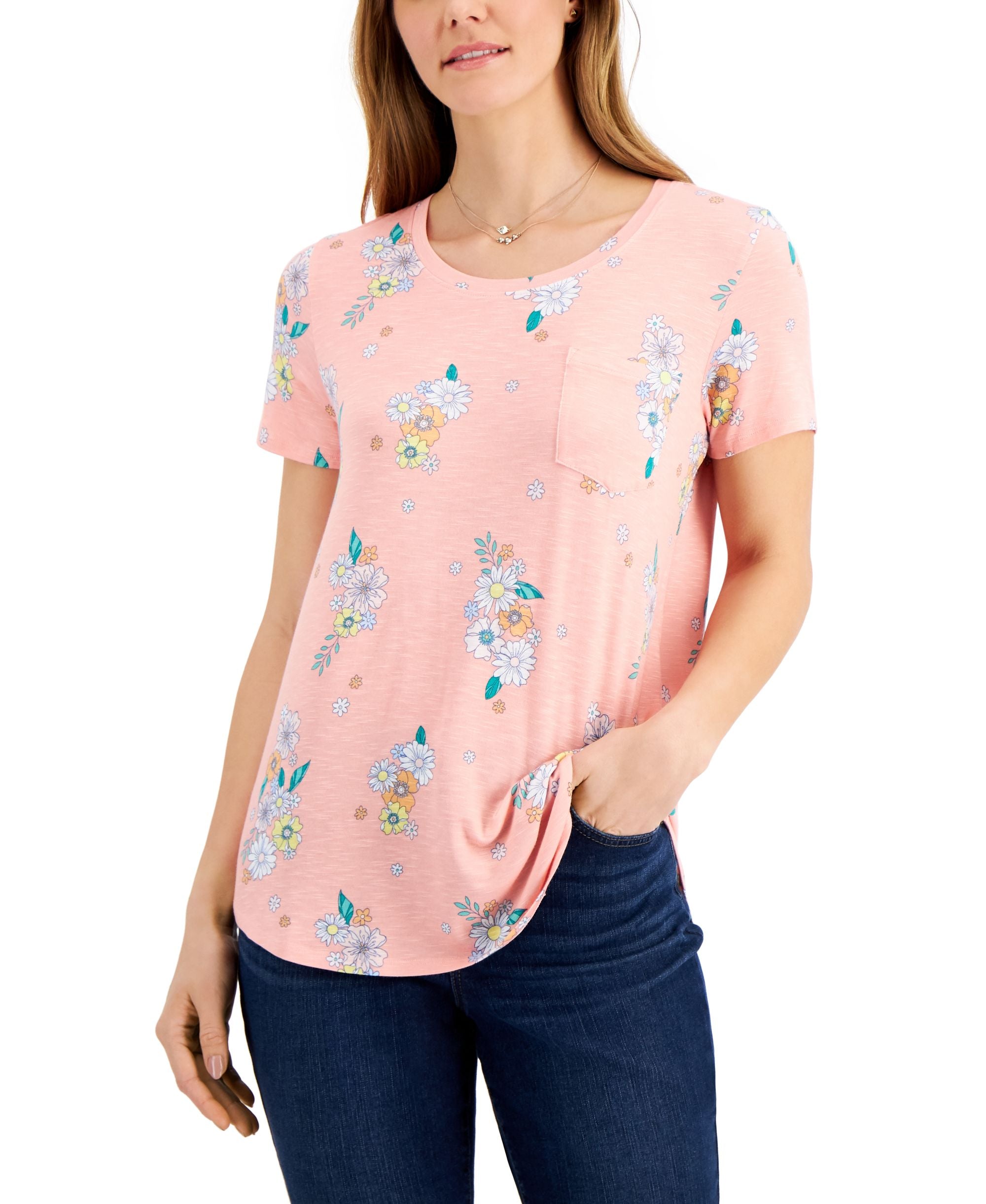 Style & Co Printed Drapey Pocket T-Modern Shirt