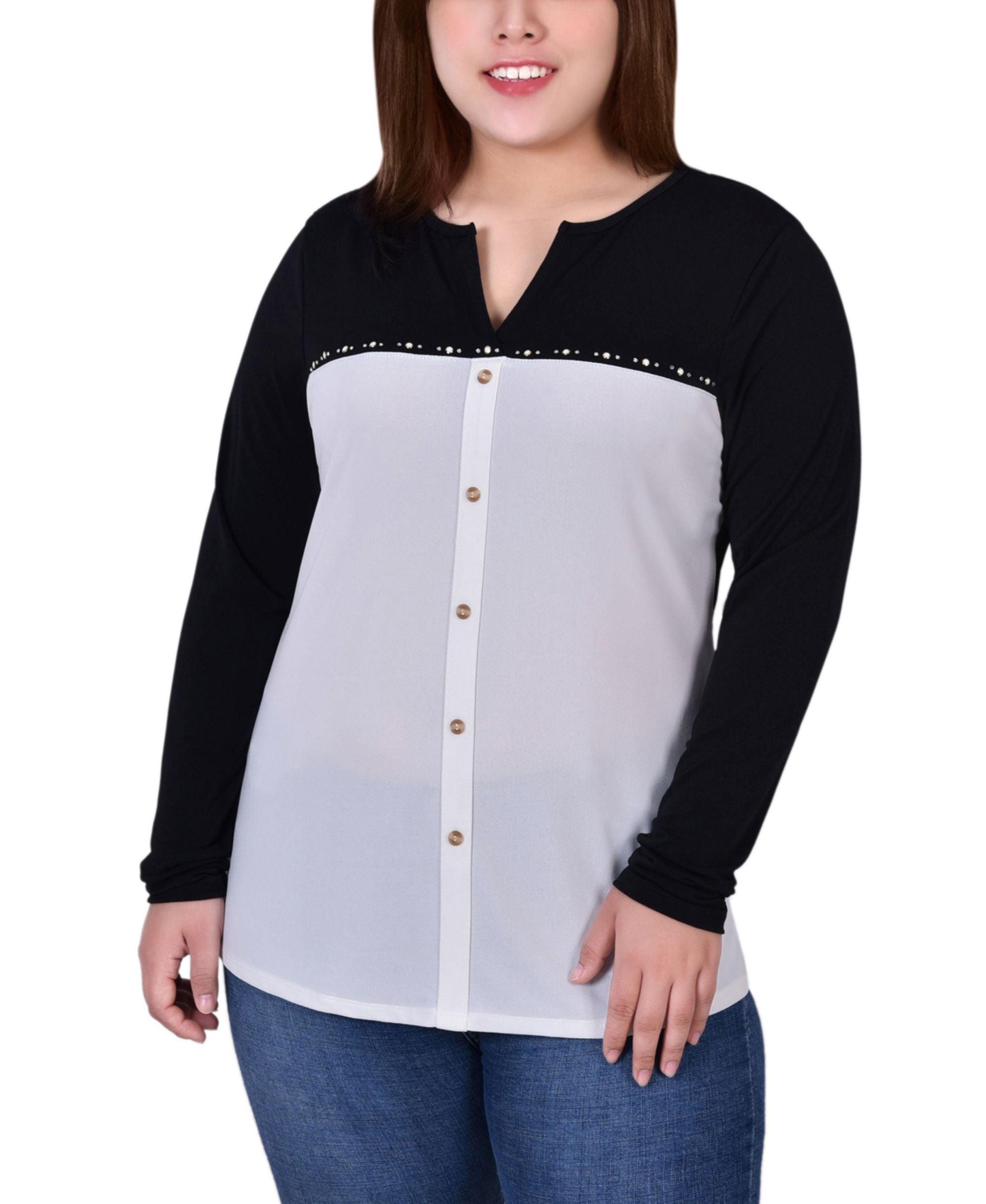 Plus Size Long-Sleeve Studded Colorblocked Split Neck Premium Top