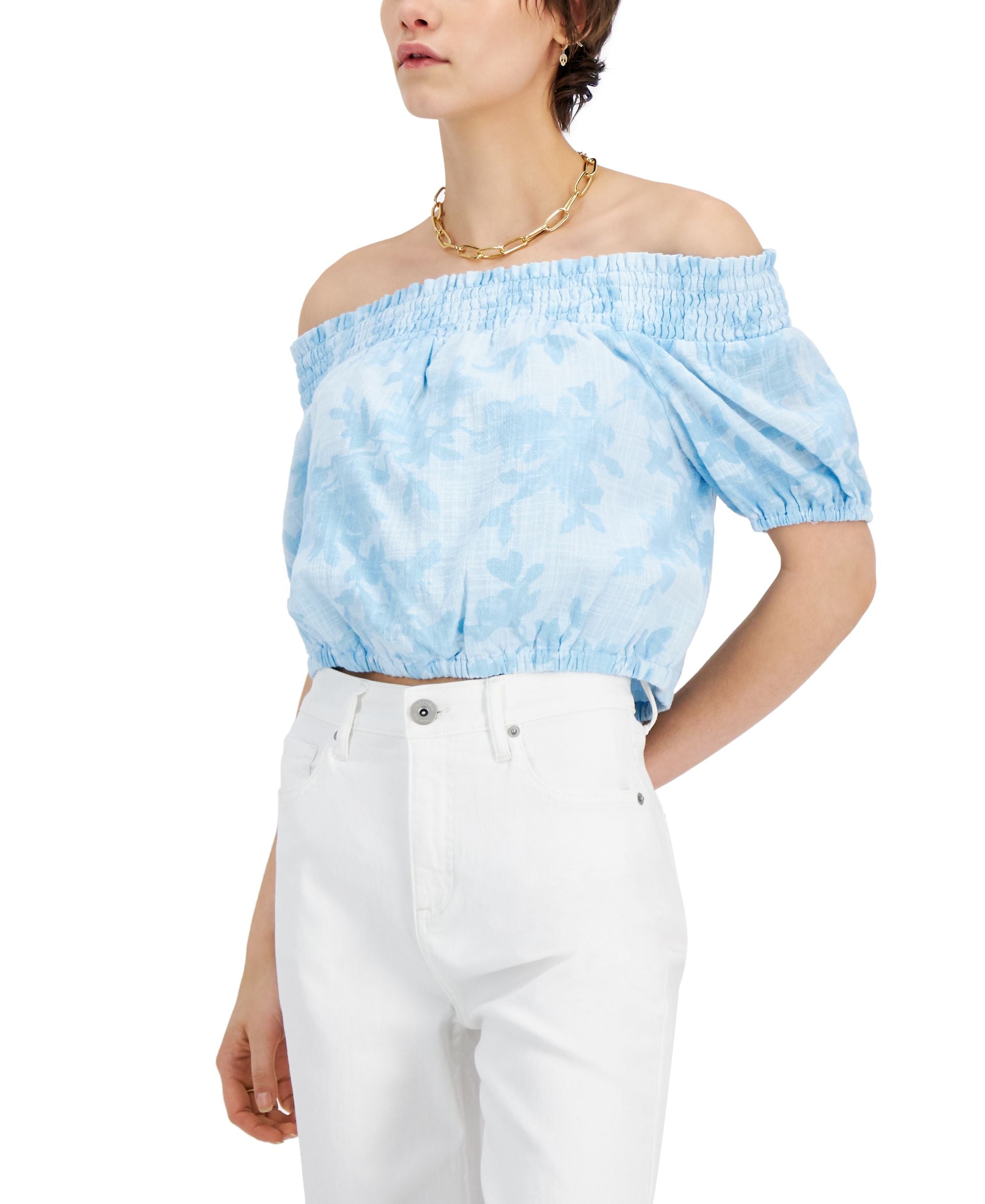 INC International Concepts Womens Smocked Off The Shoulder Crop Premium Top