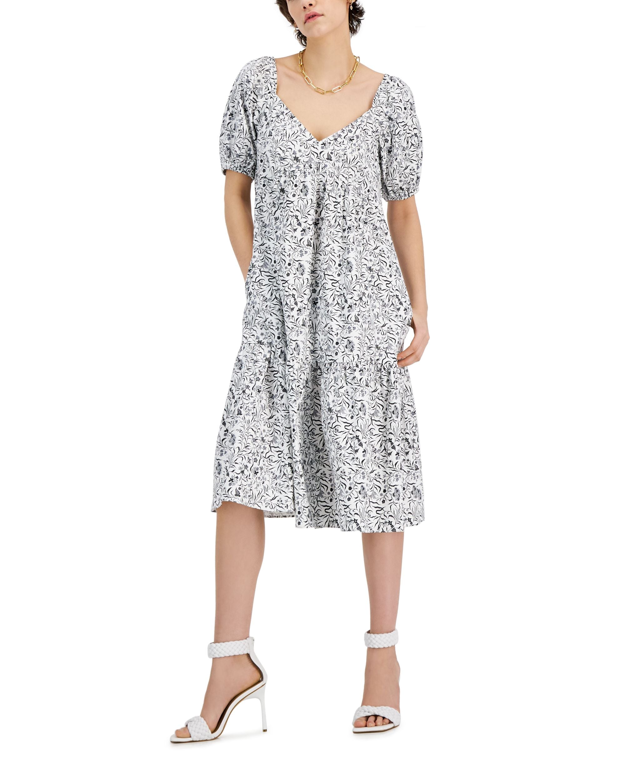 INC International Concepts Cotton Floral Tiered Flounce A-Line Midi Dress