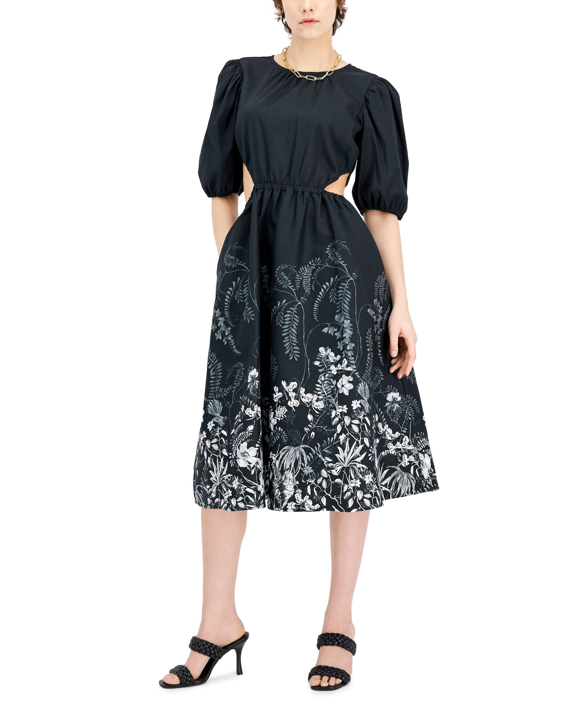 INC International Concepts Cotton Side Cutout Puff-Sleeve Midi Dress