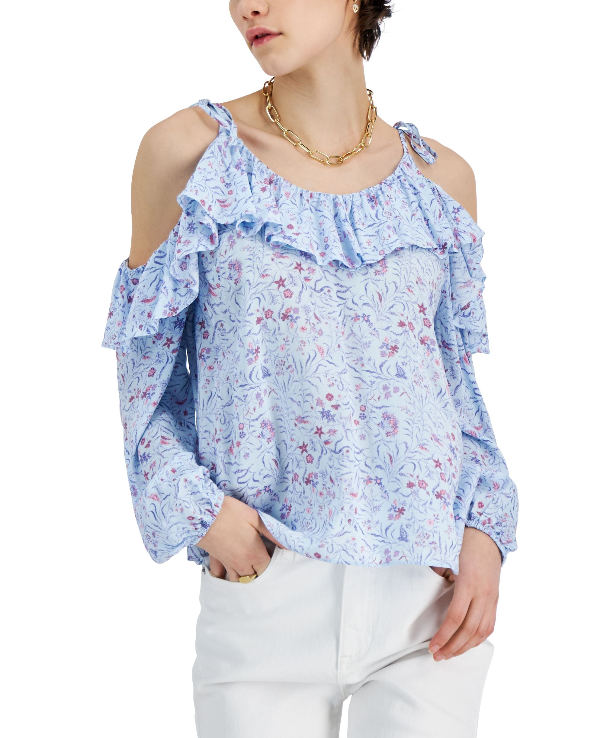 INC International Concepts Ruffle Trim Cold Shoulder Signature Blouse