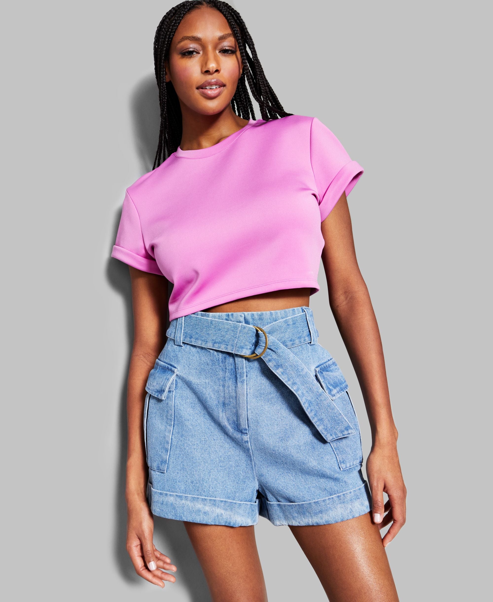 INC International Concepts Jeannie Mai X Inc Cropped Solid Short-Sleeve Premium Top